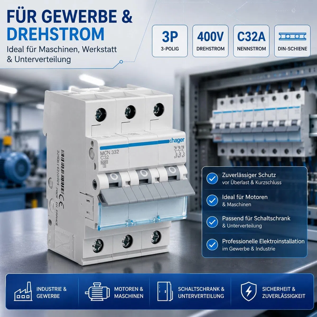 Hager MCN332 Leitungsschutzschalter 3-polig C32A, LS-Schalter 32A für Drehstrom & Hutschiene, 6kA Sicherungsautomat, biconnect Klemmsystem, DIN EN 60898-1, 230/400V AC