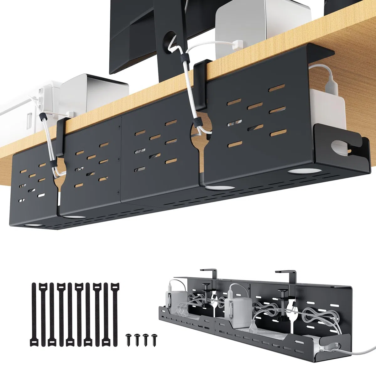Univivi Unter dem Kabelmanagement Schreibtisch, 81cm Kabelkanal Schreibtisch aus Stahl, Befestigung Ohne Bohren mit Klemme/Schrauben, Flexible Organizer Schreibtisch für Büro und Zuhause (Schwarz)
