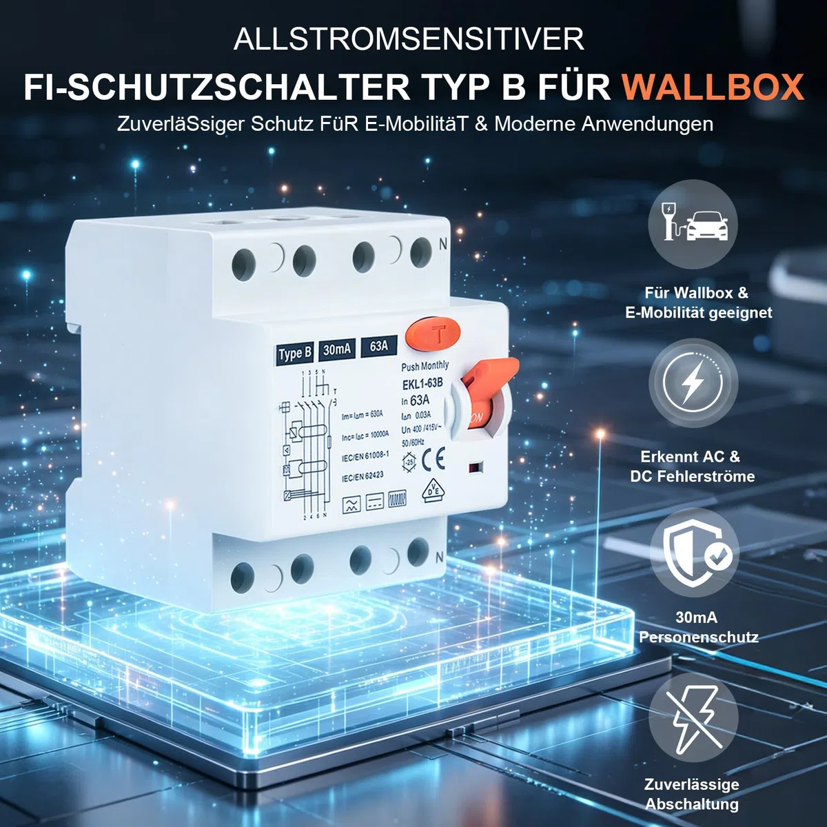 FI Schutzschalter Typ B 63A 30mA 4-polig, Allstromsensitiver RCD für Wallbox & Ladestation, Fehlerstromschutzschalter mit VDE Zertifizierung, DIN-Hutschiene Montage