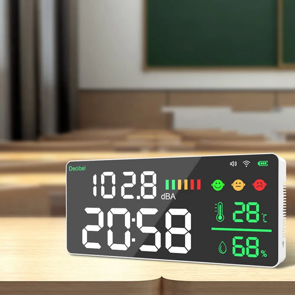 WiFi Decibel Meter 4in1 Temperatur Luftfeuchtigkeit Dezibel Test Wecker 11 Zoll LED Farbdisplay Intelligent Linkage APP Control Noise Decibel Meter