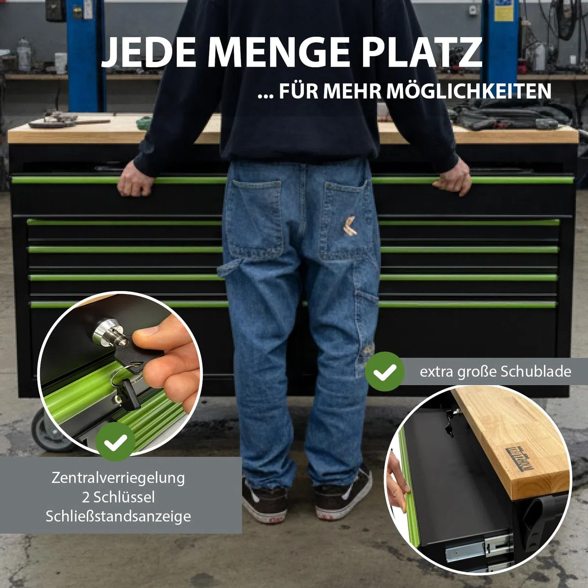 TRUTZHOLM Werkstattwagen Star XXL unbestückt, Profi Werkzeugwagen mit 9 kugelgelagerten Schubladen, 750 kg Traglast, 35 mm Hartholz-Arbeitsplatte, abschließbar, rollbar mit Feststellbremsen