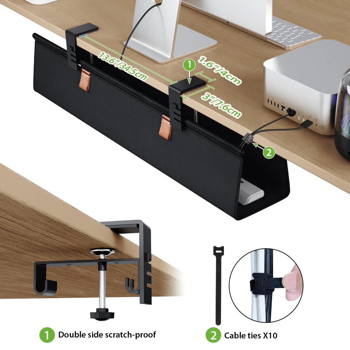 KEEGH Kabelkanal Schreibtisch Ohne Bohren, 76cm Unter dem Kabelmanagement Schreibtisch - Klemmen/Schraubmontage, Stoff-Kabelkanal für Gaming-PCs und Kabelverstecker für Büro & Zuhause, Schwarz