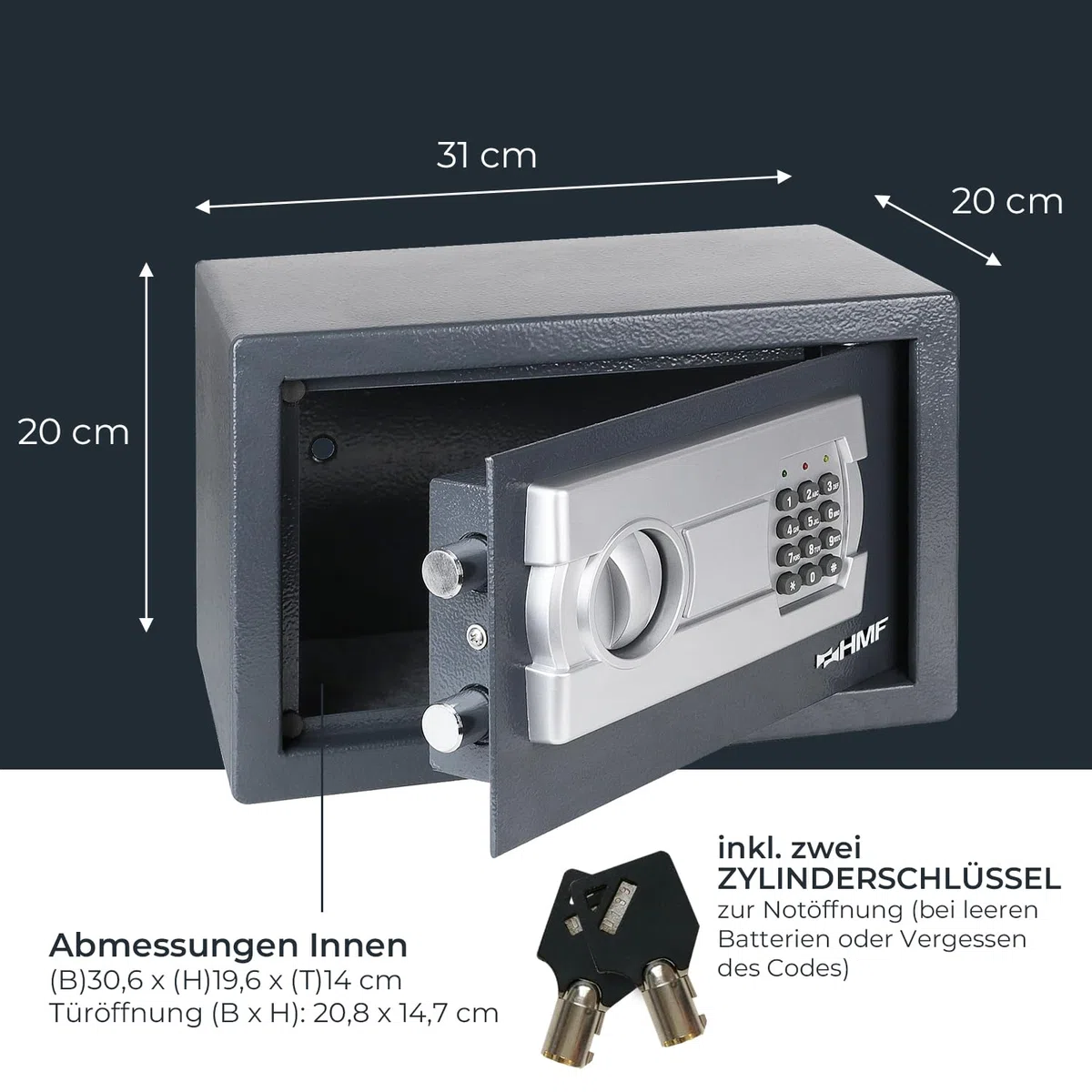 HMF Safe Tresor für Zuhause, Hotel oder Büro, Möbeltresor mit Zahlenschloss für DIN A5 Dokumente | 31 x 20 x 20 cm | Anthrazit