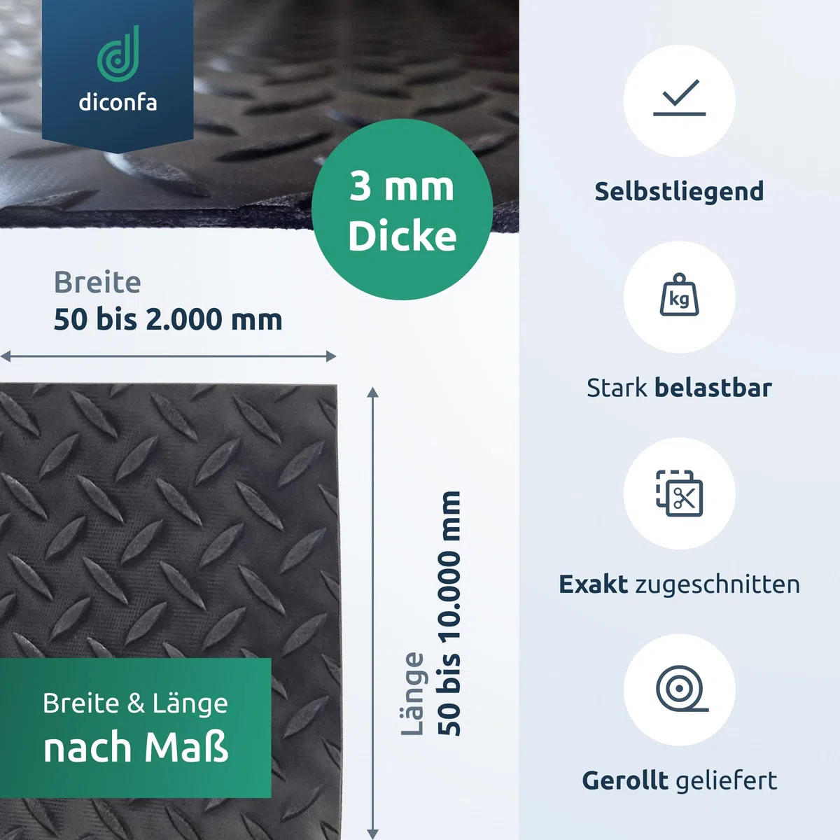 diconfa Gummimatte Diamant Tränenblech 3mm dick - BREITE 0,1m bis 2m - LÄNGE 0,05m bis 10m - Auswahl 2m (2000mm) x 3m (3000mm) - Meterware Gummimatten Antirutsch Matte Gummiläufer Unterlage