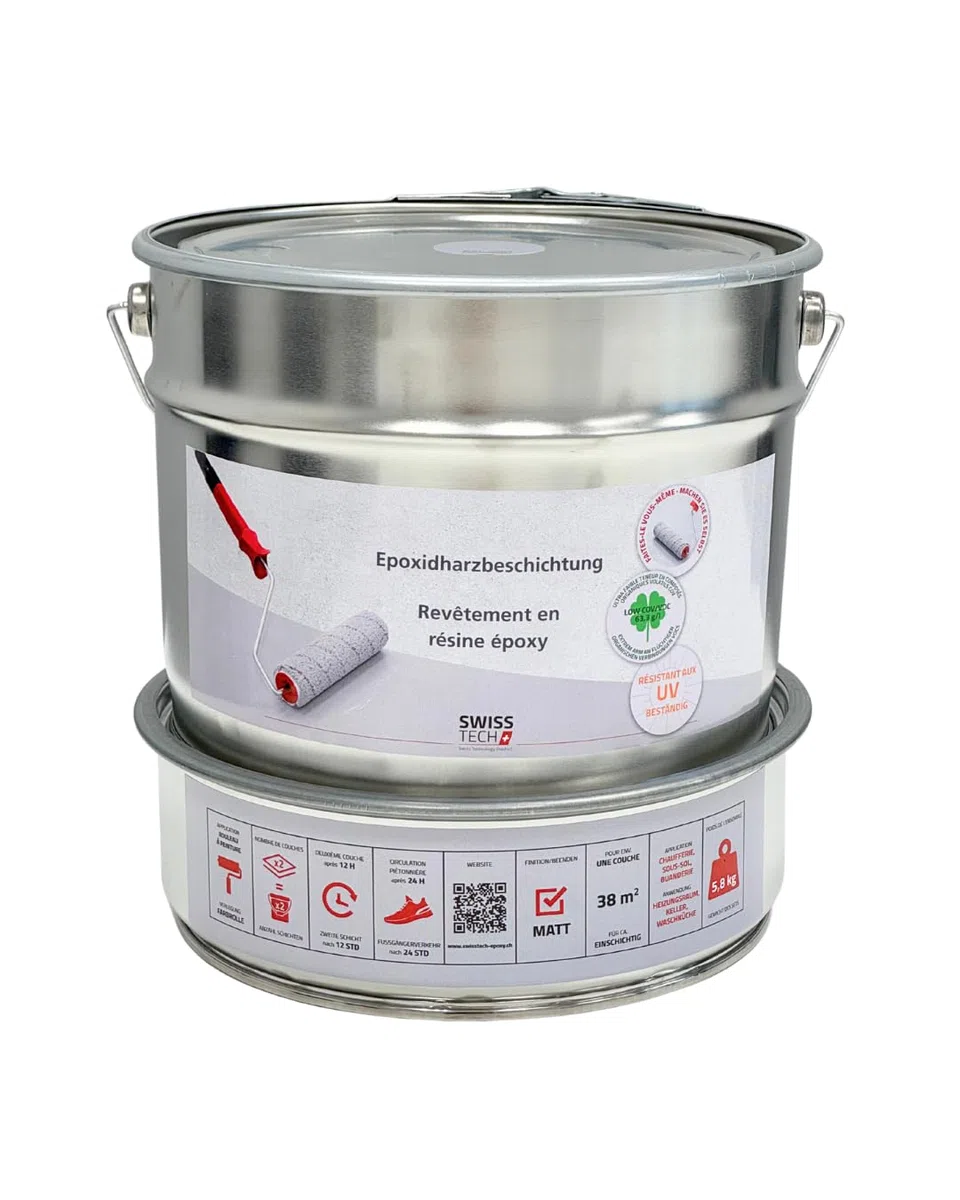 Außen 2K Epoxidharz Betonbeschichtung | 5,8 KG - 38 m² | RAL 7047 Telegrau | Beschichtung für Betonboden & Betonwände, Garage, Balkon, Terrasse | UV-beständig, Lösungsmittelfrei | SwissTech