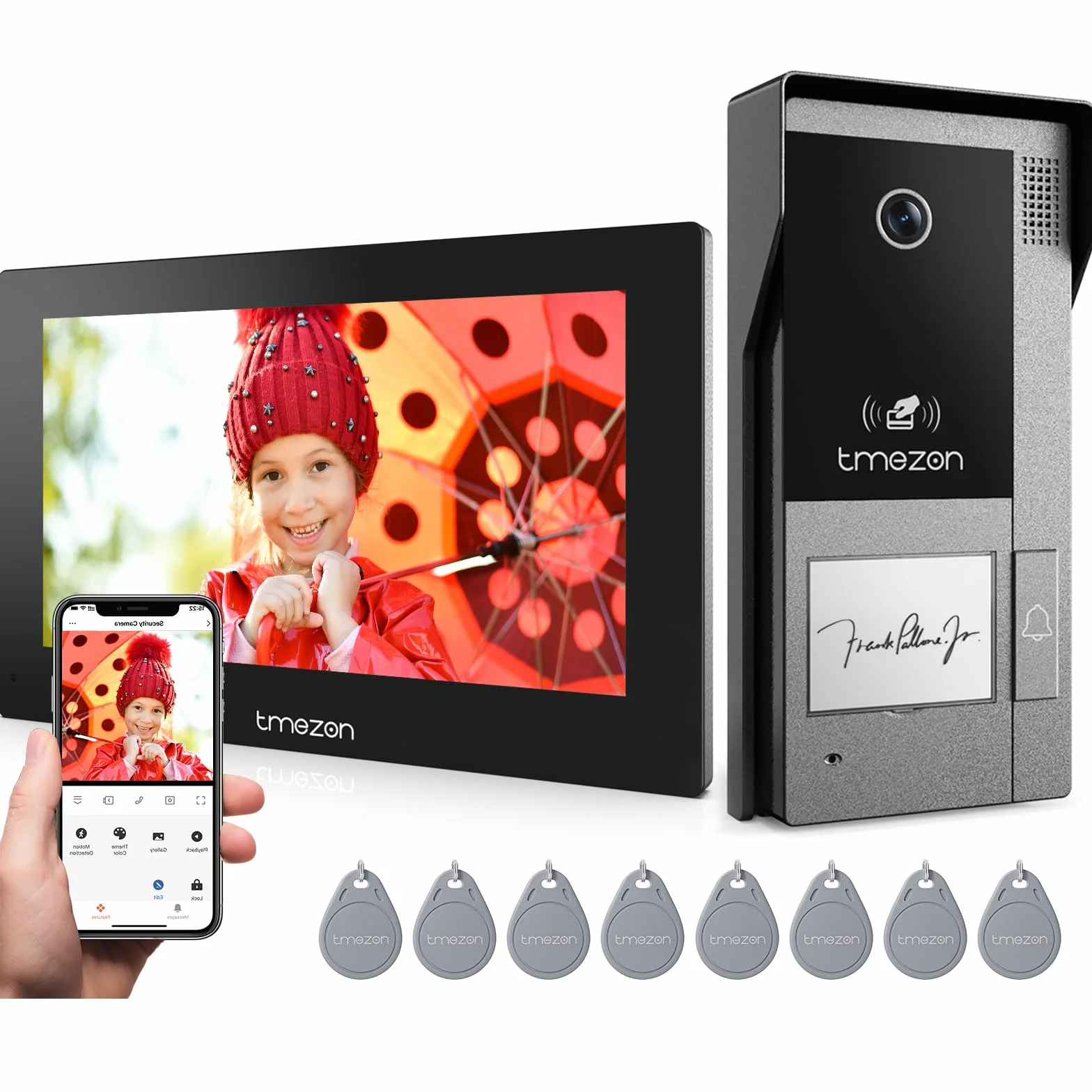 TMEZON WLAN IP Video Türsprechanlage 2 Draht,1080P Türsprechanlage mit Kamera,7''IP Touchscreen,Bewegungserkennung des Menschen,APP/Swipe Card Unlock,Aufnahme und Wiedergabe,1 Familie
