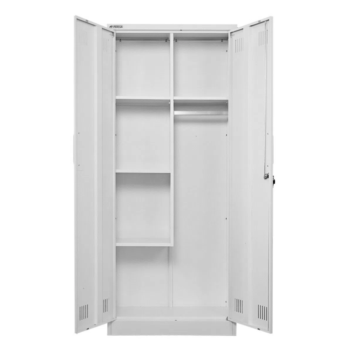PROREGAL Putzmittelschrank Rhino Metall 2 Türen abschließbar Besenschrank schmal 170x70x30cm 5 Fächern & Kleiderstange Stahl Weiß Putzschrank Mehrzweckschrank Haushaltsschrank Flügeltürenschrank