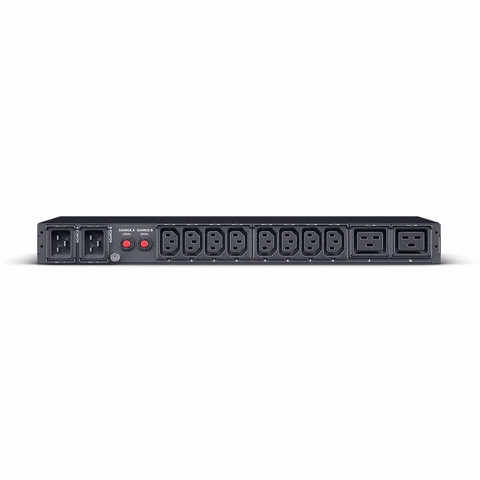CyberPower PDU24005 ATS PDU Rackmount 1U schwarz, automatische Quellenumschaltung für redundante Einspeisung, 2X IEC C20 16A, 10x Frontabgang 2X C19 8X C13, LCD mit Ampere Volt Watt Anzeige, Hot-Swap