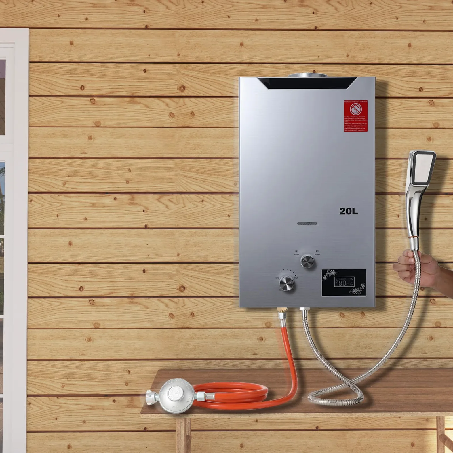 20L 40KW LPG Gas Durchlauferhitzer mit Gasdruckregler, Propangas Campingdusche für Dusche im Außenbereich Dusche Bad Warmwasser Camping Dusche Warmwasserbereiter mit CE-Zertifizierun, Silber