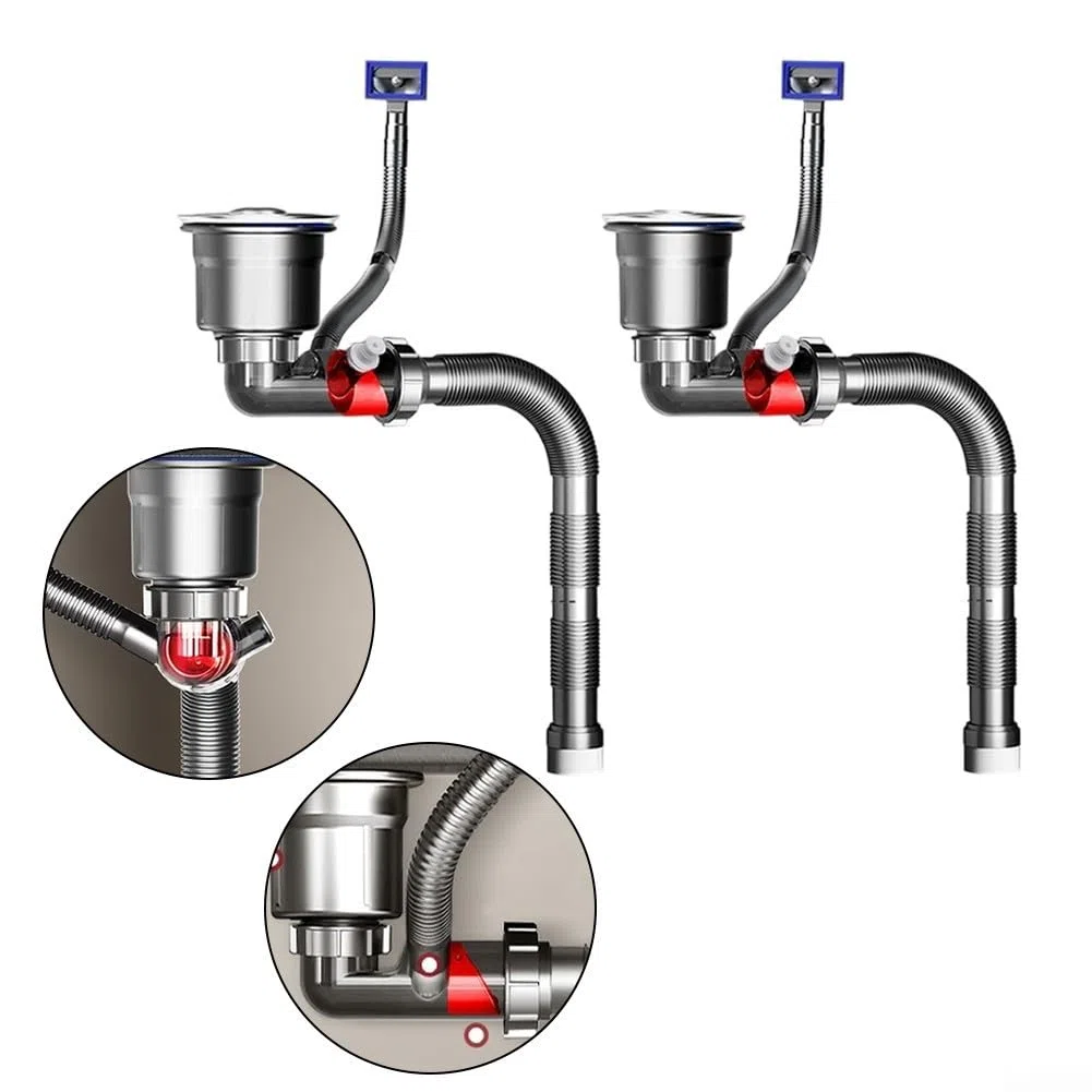 Für halbflexible Küchenspüle, Ablaufrohr-Set mit Geruchsneutralisierung, Edelstahl und PP-Armaturen für Doppelbeckeninstallation (140 Käfig)