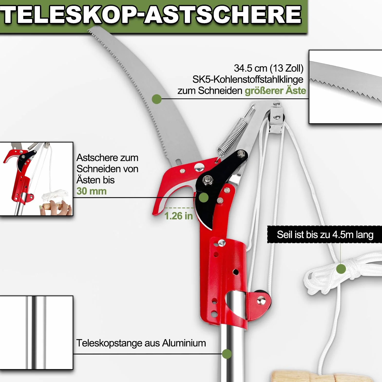 Astschere Teleskop mit Astsäge, 82-402cm Astsäge mit Teleskopstiel, Einstellbare Länge Seilzug Gartensäge Baumsäge, Leichter Edelstahl Teleskopsäge Hochentaster, Manuell Baumschere für hohe Äste