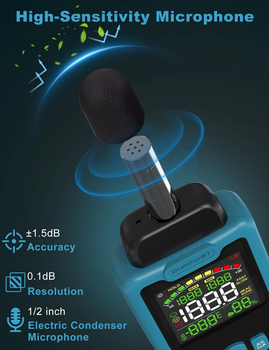Dezibel Messgerät, DURFICST Schallpegelmessgerät mit Temperatur- und Feuchtigkeitsanzeige, 30–130dB, DB Messgerät mit LCD-Farbdisplay, AC-Bewertung, dB/SONE-Einheit, Schnelle/Langsame Ansprechzeit