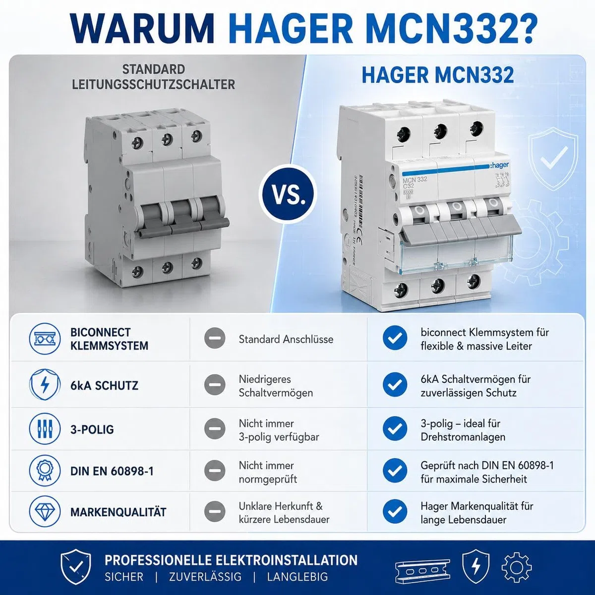 Hager MCN332 Leitungsschutzschalter 3-polig C32A, LS-Schalter 32A für Drehstrom & Hutschiene, 6kA Sicherungsautomat, biconnect Klemmsystem, DIN EN 60898-1, 230/400V AC
