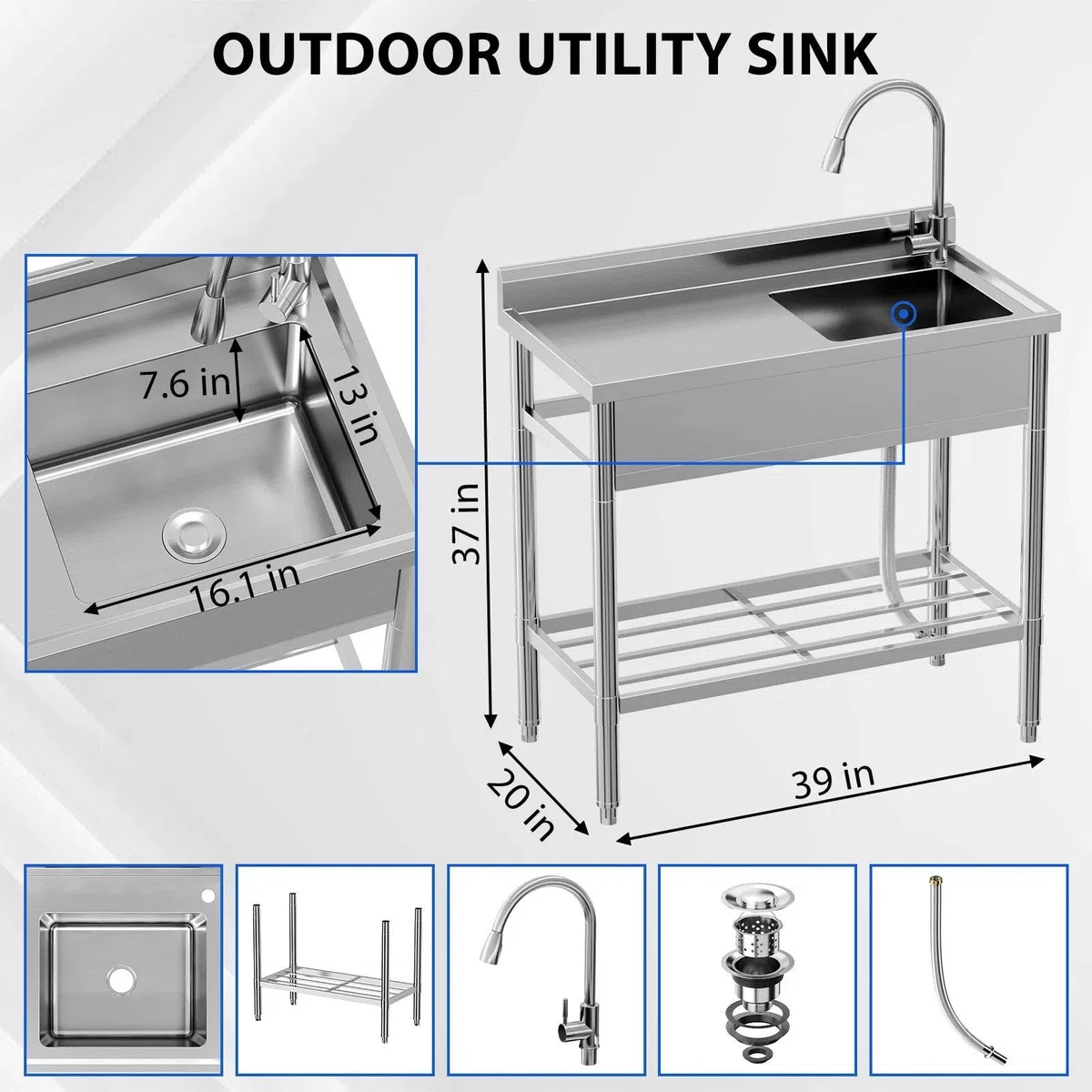 Waschbecken Set Küchenspüle aus Edelstahl Freistehende Spüle Gewerbespüle Spülenbecken Spülentisch mit Wasserhahn und Kalt- Und Warmwasserleitung für Restaurants Geschäfte Küchen (100x50 cm)