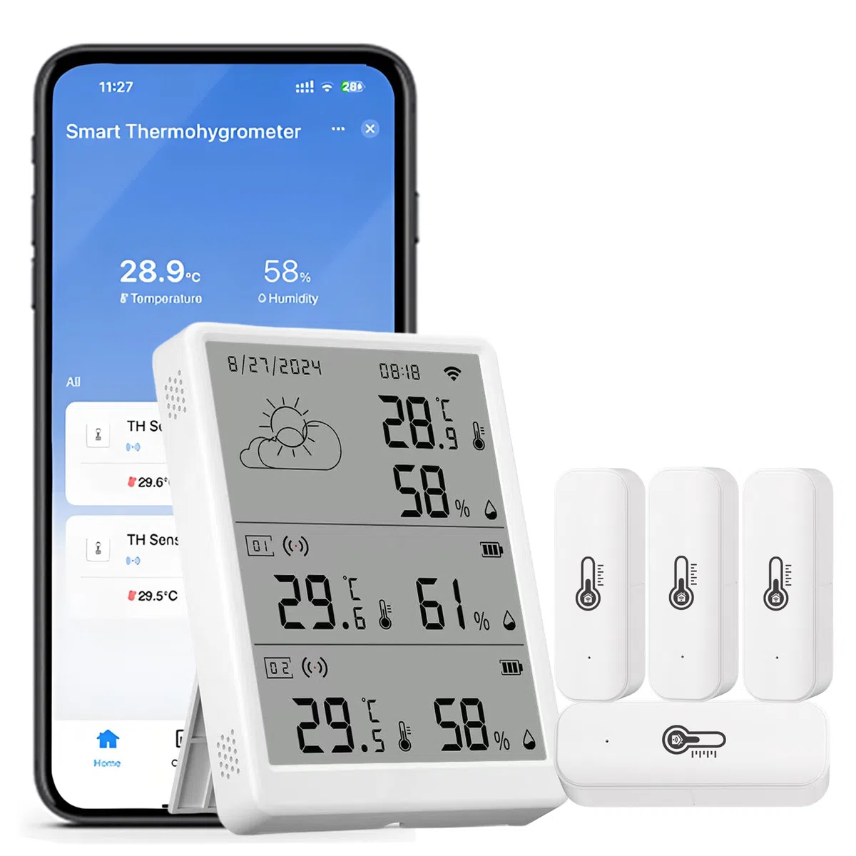 WLAN Thermometer Hygrometer Innen: Intelligenter Temperatur- und Feuchtigkeitsmonitor mit App-Benachrichtigungen und Kostenfreier Datenexport, kompatibel mit Alexa, 4 Sensoren und Basisstation