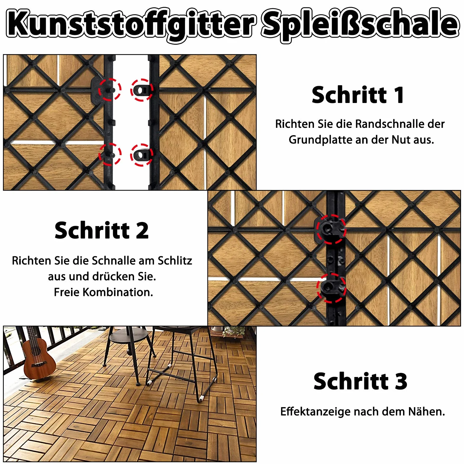 HENGMEI Holz Terrassenfliesen 30x30 cm mit Klicksystem Wetterfest Pflegeleicht mit Drainagesystem- 55er Set für 5 m² Holzfliesen mit Drainagesystem für Balkon, Garten, Terrasse- Modell B