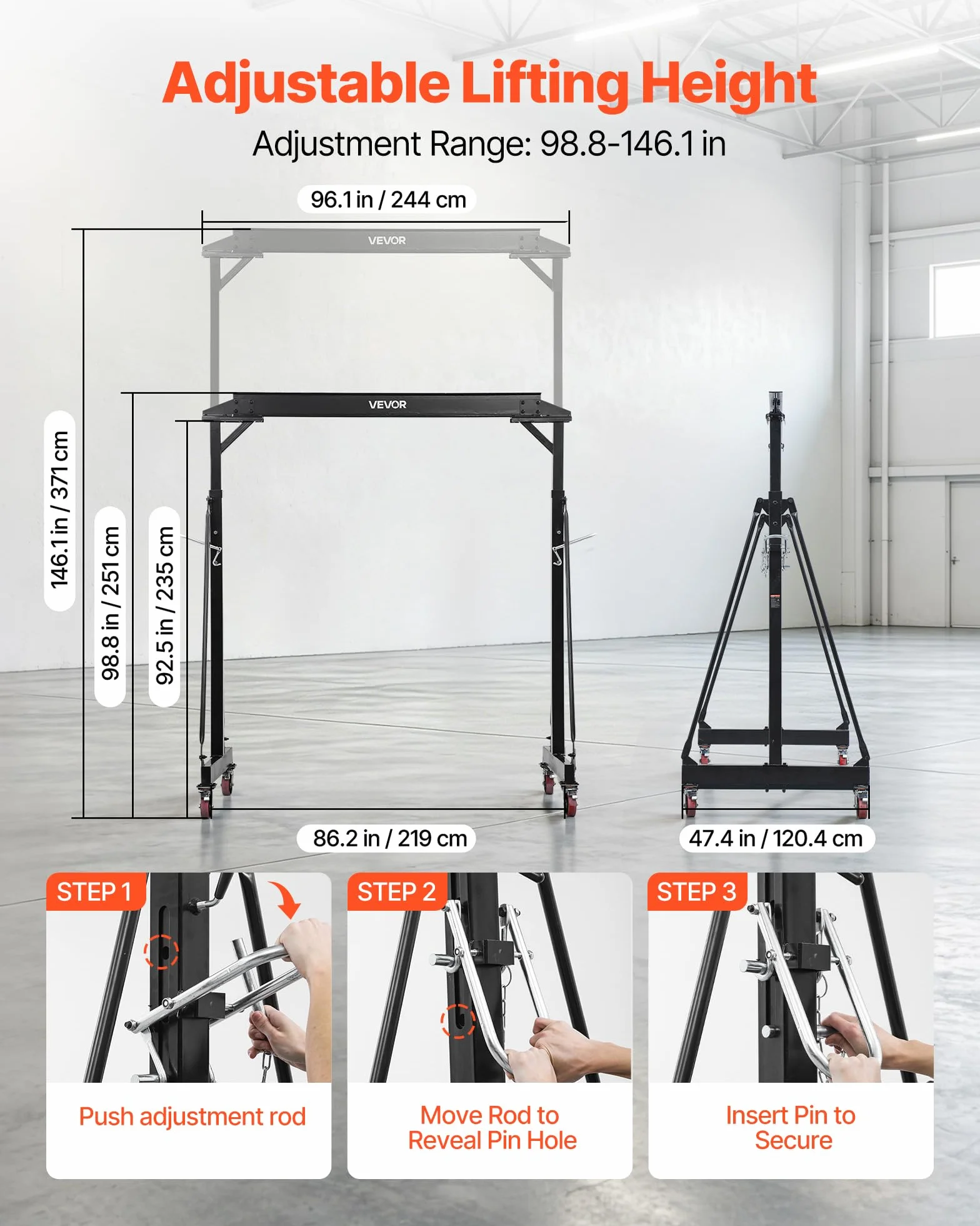 VEVOR Mobiler Portalkran mit 1995,81kg Tragkraft, 251-371cm Höhenverstellbarer Ladekran aus Stahl, Robuster Werkstattkran Inkl. 360° Lenkrollen mit Bremsen, Lastkran für Lager Werkstatt Baustelle