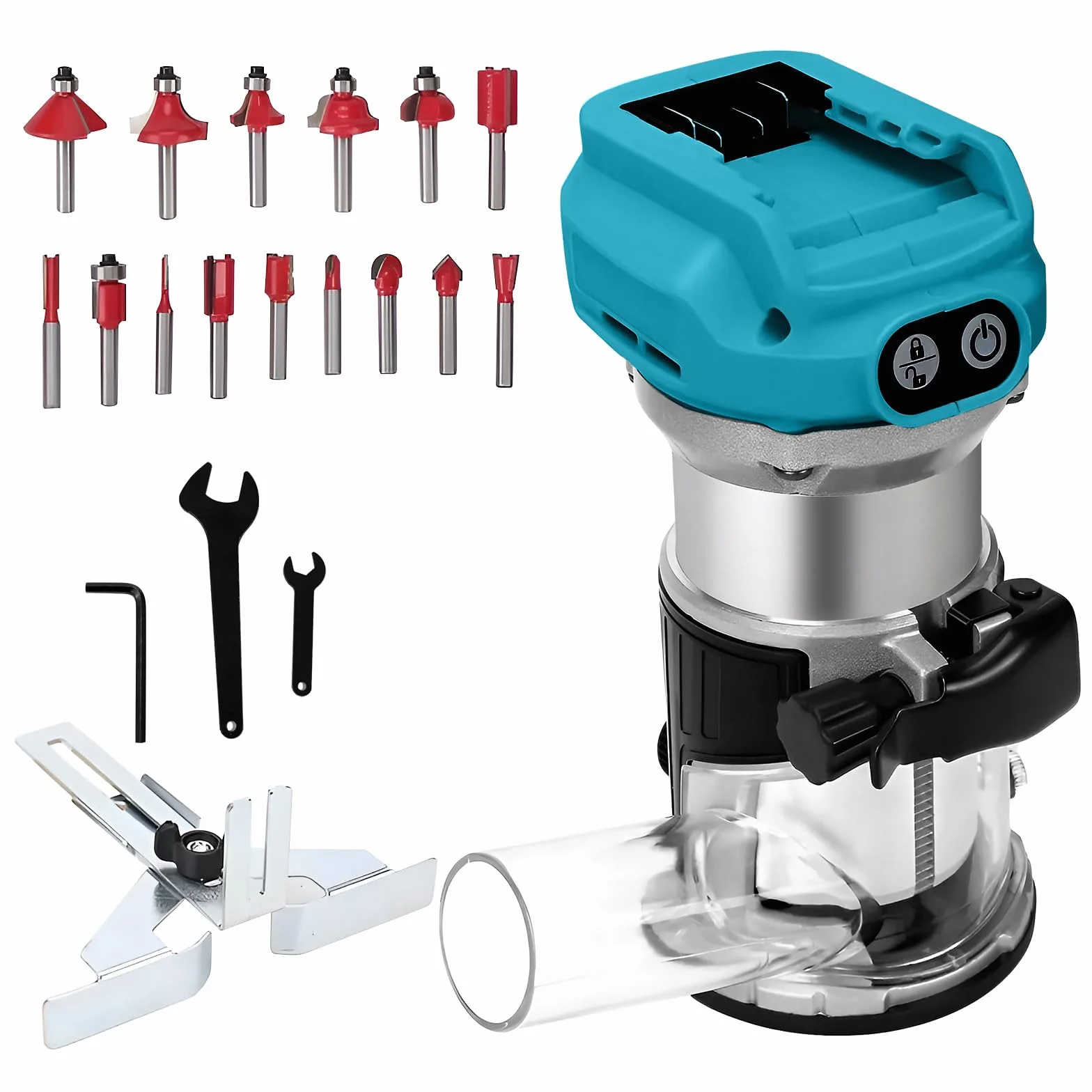 Akku Oberfräse für Makita 18 V, 800 W Bürstenloser Oberfräse Trimmer Einhandfräse Kantenfräser 30.000 U/min Akku-Holzfräser mit 15 Stück 1/4-Zoll-Schaft Fräser Set (ohne Akku)