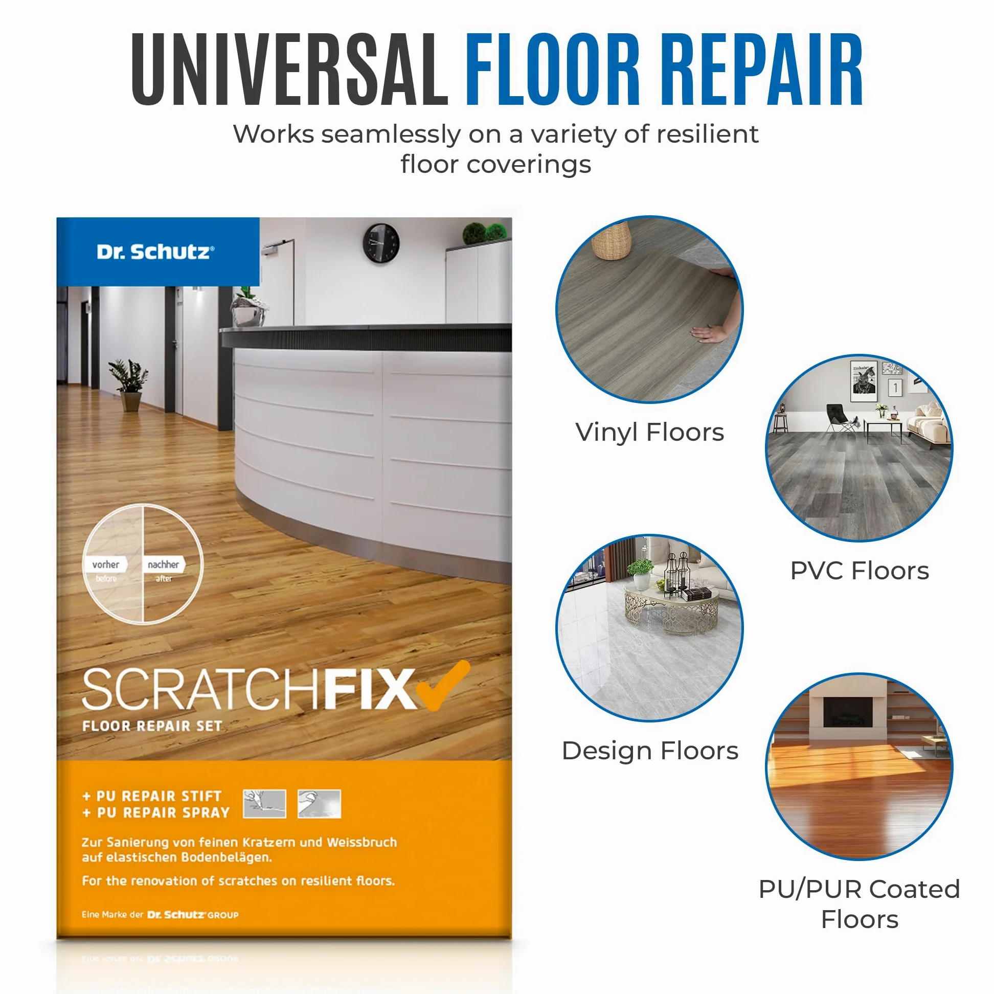 Dr. Schutz SCRATCHFIX Floor Repair Set | Reparatur Set für Hartböden, Designböden aus Vinyl, PVC, CV, Linoleum | entfernt Kratzer mit Repair Stift und Spray | PVC Reparaturset | Vinyl Reparaturset