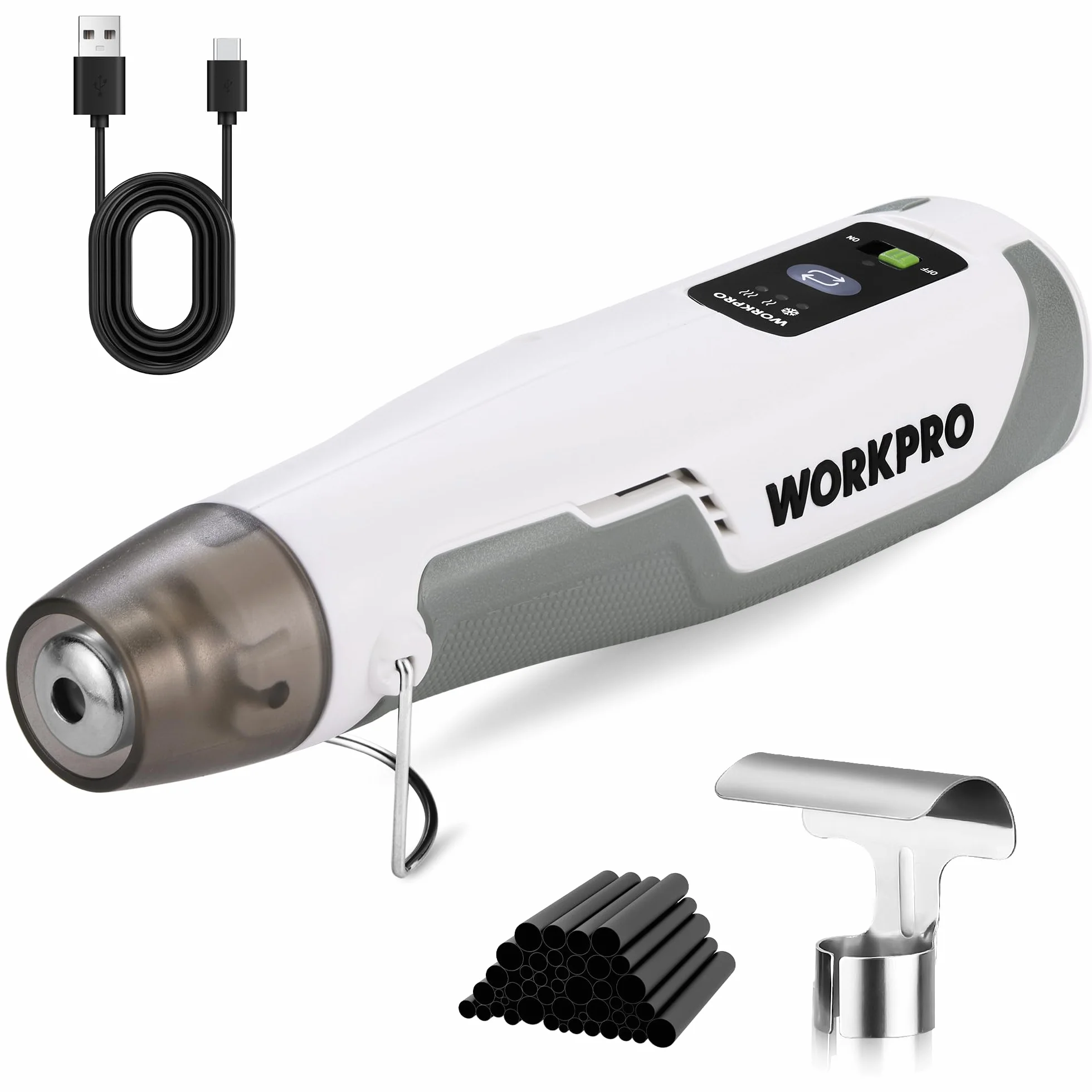 WORKPRO 8V Mini Heißluftpistole mit 4000mAh Akku, 300℃/450℃ Heiztemperatur 30s Schnellaufheizen, Mini Heißluftfön mit Reflektordüse und 50 Stk. Schrumpfschläuche für DIY, Reparaturen & Bastelarbeiten