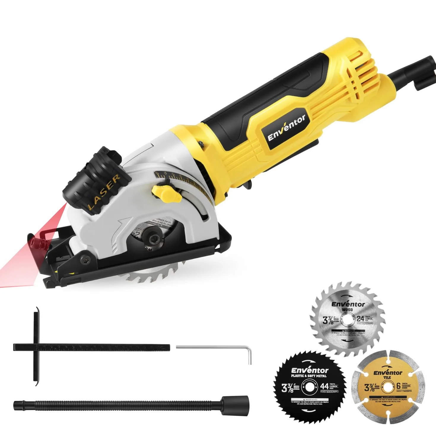 Enventor Mini Kreissäge 580W, Mini Handkreissäge mit Skalenlineal & Laserführung, 4000RPM, Einhändiges Halten, 3 Sägeblätter, für Holz, Fliesen, Kunststoff und dünne Metalle