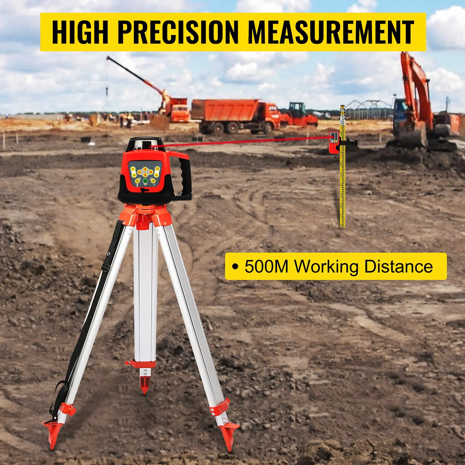 VEVOR Professional Rotationslaser max. Arbeitsbereich 500 m rot, Linienlaser 360 Grad Laser höhenmesser Wasser- und staubdicht Außenbereich Arbeitszeit 20 Stunden mit Stativ & Herrscher Elektrik