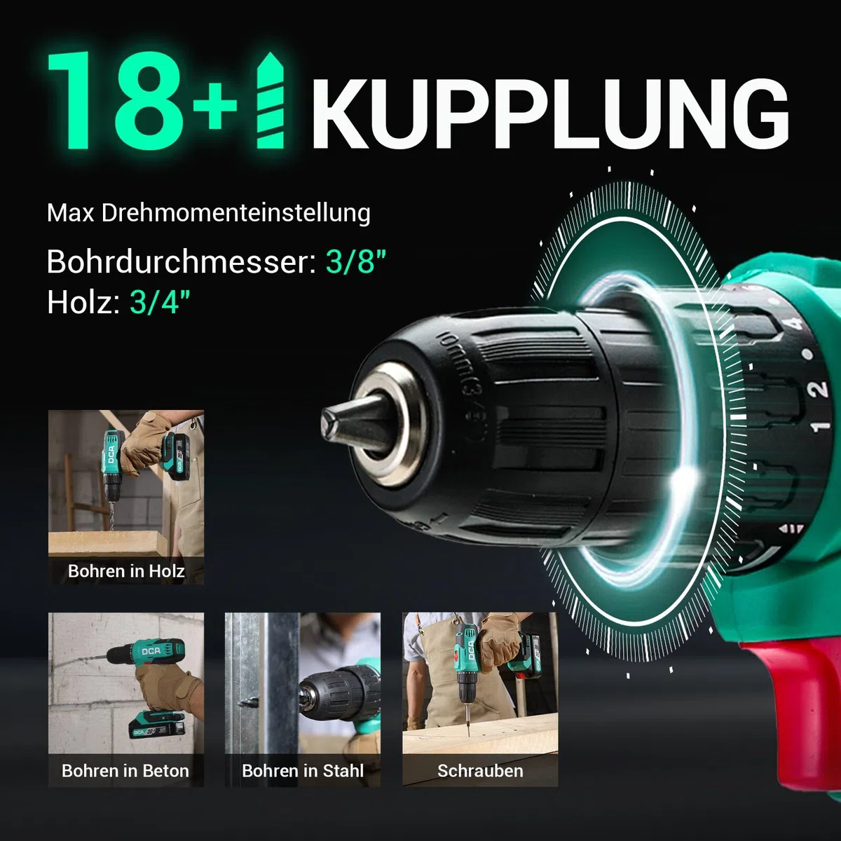DCA Akku-Bohrschrauber-Set, 40 Nm Drehmoment, 10 mm schlüsselloses Bohrfutter, Elektroschrauber mit 2,0Ah Akku und Ladegerät, 18+1 Drehmomentstufen, 25-teiliges 20V-Bohrerset, Modell ADJZ2035