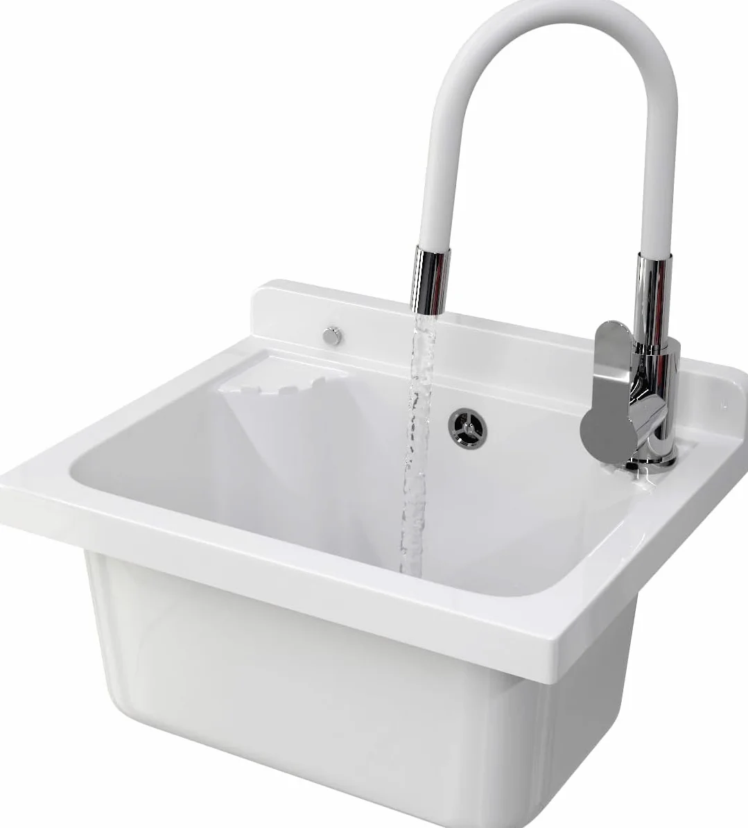Ausgussbecken mit Mischbatterie undPlatz für Seifenspender Garage Keller Werkstatt und Waschküche - Universal Waschtrog mit Siphon - Waschbecken Wandmontage - 42x34x24 cm - Weiß - Granitan
