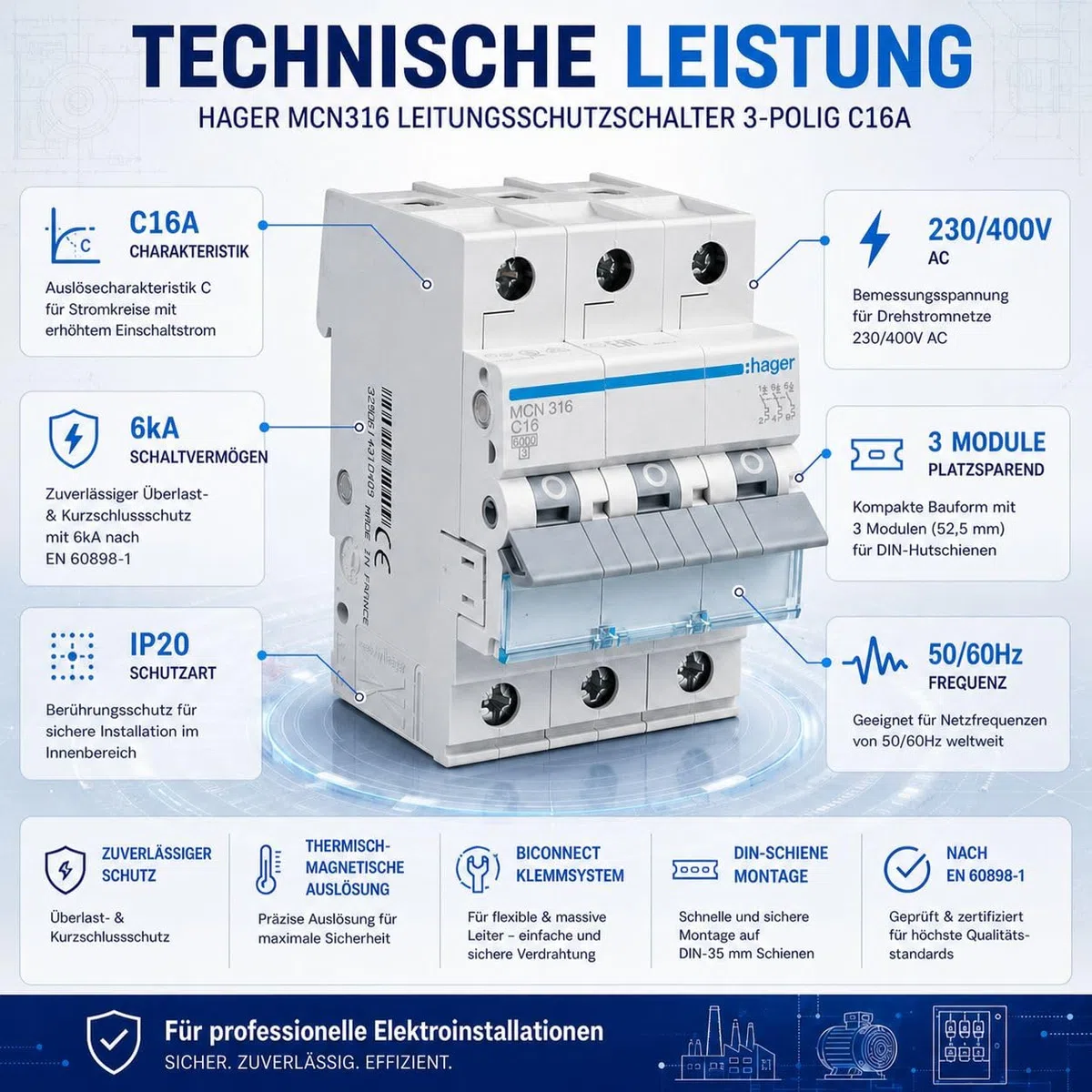 Hager MCN316 Leitungsschutzschalter 3-polig C16A, 6kA LS-Schalter für Drehstrom, 3P Sicherungsautomat, biconnect Klemmsystem, 3 Module, 230/400V AC, IP20, Kurzschluss- und Überlastschutz