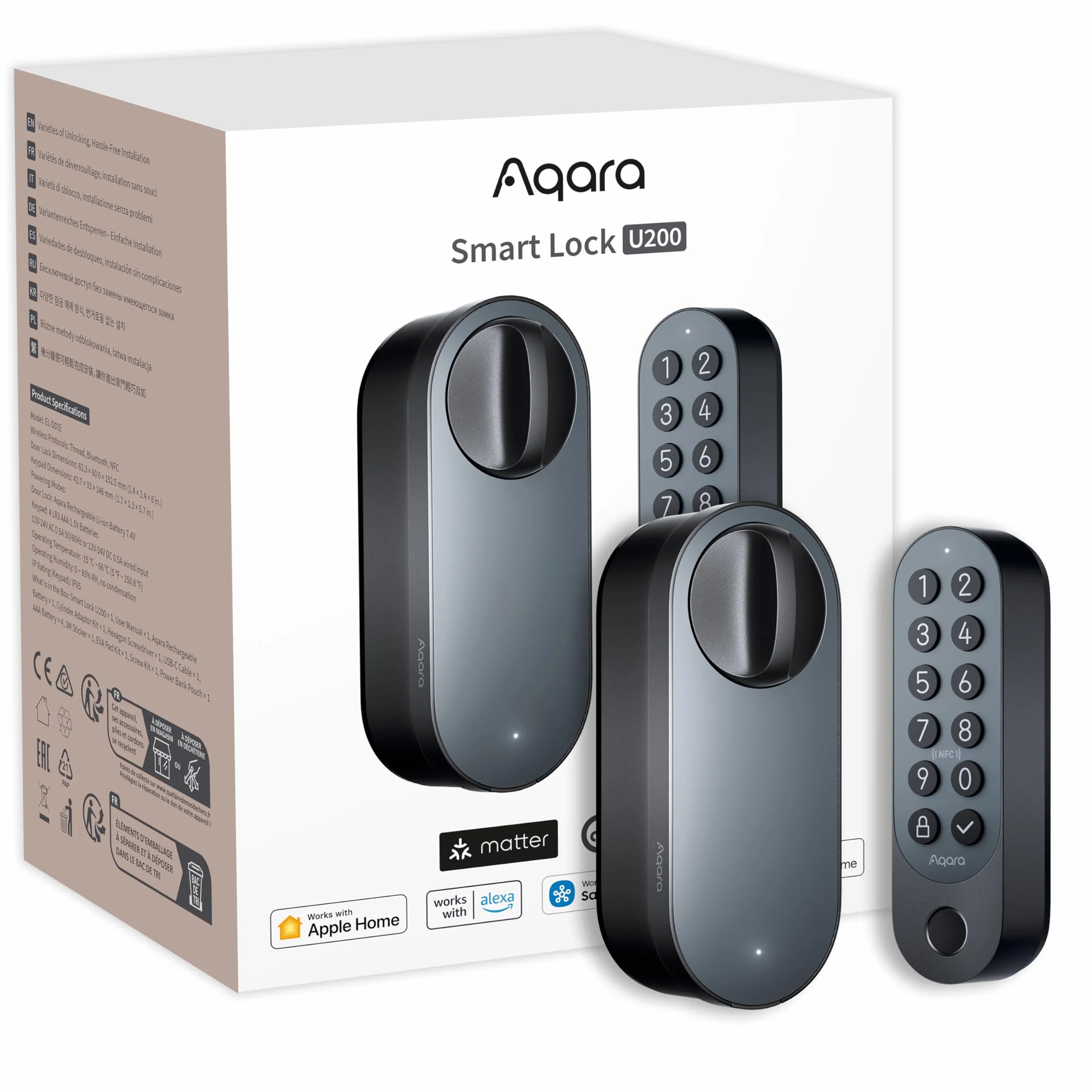 Aqara Smart Lock U200 (mit Fingerabdruck), Matter Over Thread, Smartes Türschloss mit Apple Home Key und Aufladbarem Akku, Unterstützt Homekit, Google Home, Alexa und SmartThings, Schwarz