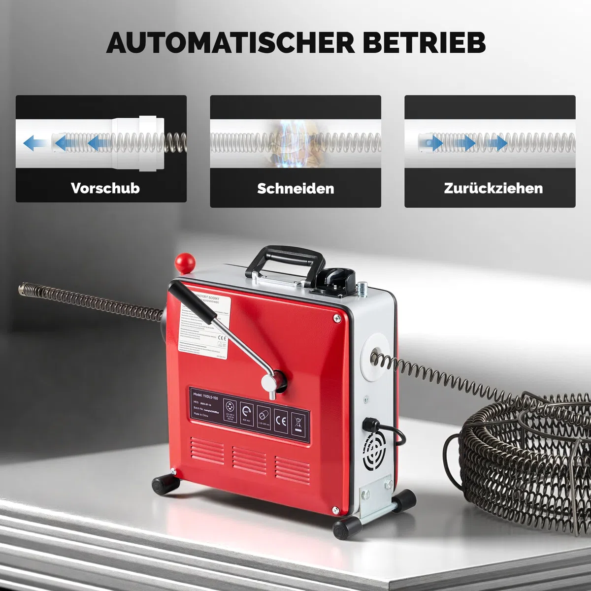 ZELCAN 850W Rohrreinigungsmaschine Rohrreinigungsspirale Elektrisch mit Ø10mm, Ø16mm,Ø22mm Spirale Rohrreinigungsgerät Kanalreinigungsgerät 450 U/min. für Ø20-200 mm Rohrleitungen für WC, Kanalisation