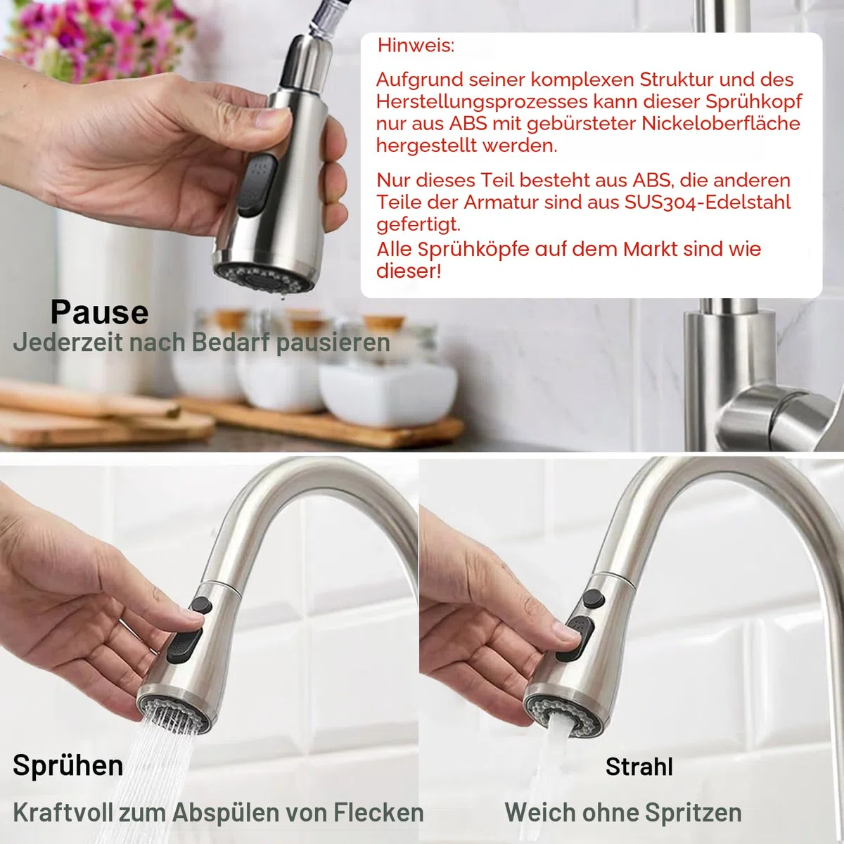 Wasserhahn Küche, Hochdruck Küchenarmatur mit Herausziehbarer Brause Ausziehbar Armatur, Mischbatterie Küche Spültischarmatur Brause 3 Modus, Edelstahl