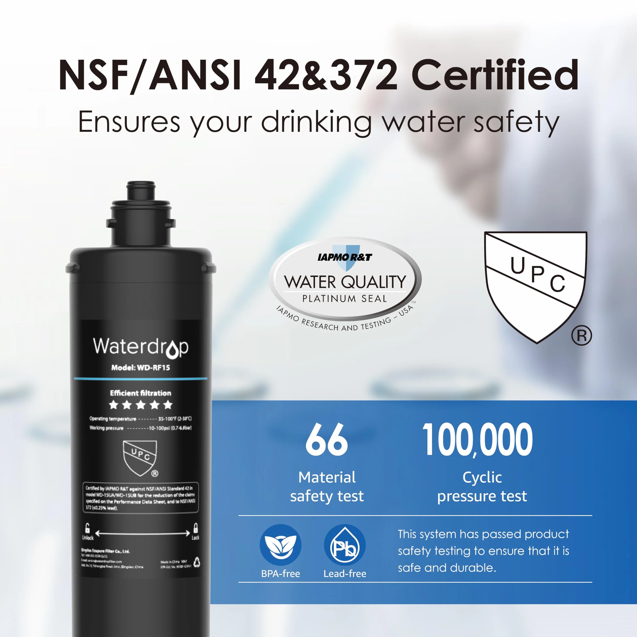 Waterdrop RF15 Ersatz-Filterkartusche für 15UA/15UB Wasserfilter unter der Spüle, reduziert PFOA/PFOS, PFAS, Blei, Chlor, schlechten Geschmack und Geruch, NSF/ANSI 42 zertifiziert, 70.000 Liter