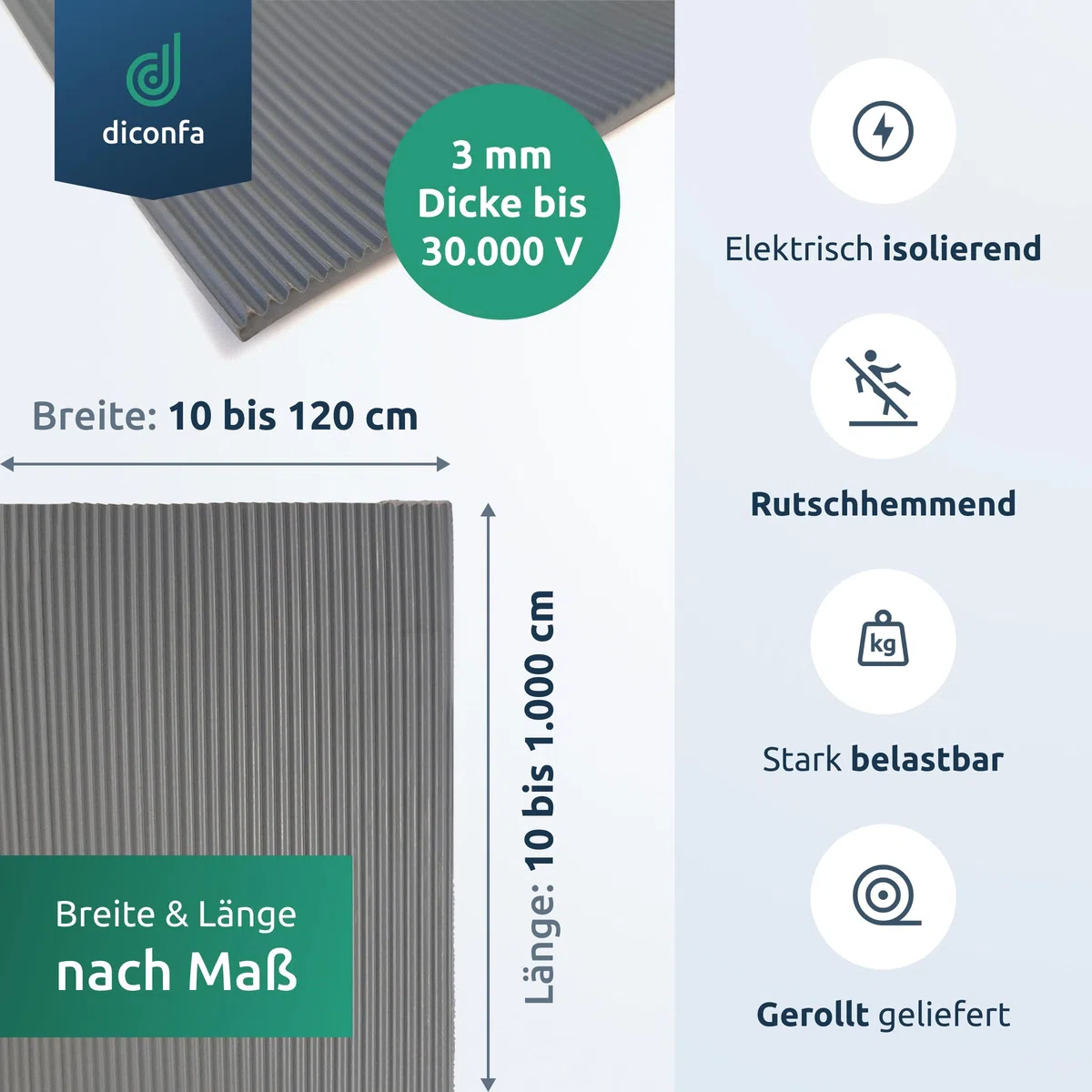 diconfa Elektriker Gummimatte Isoliermatte VDE 3mm grau bis 30000 Volt - BREITE 0,1m bis 1,2m - LÄNGE 0,05m bis 10m - Auswahl 100cm x 205cm - Standort Schutzmatte Bodenbelag elektrisch isoliert