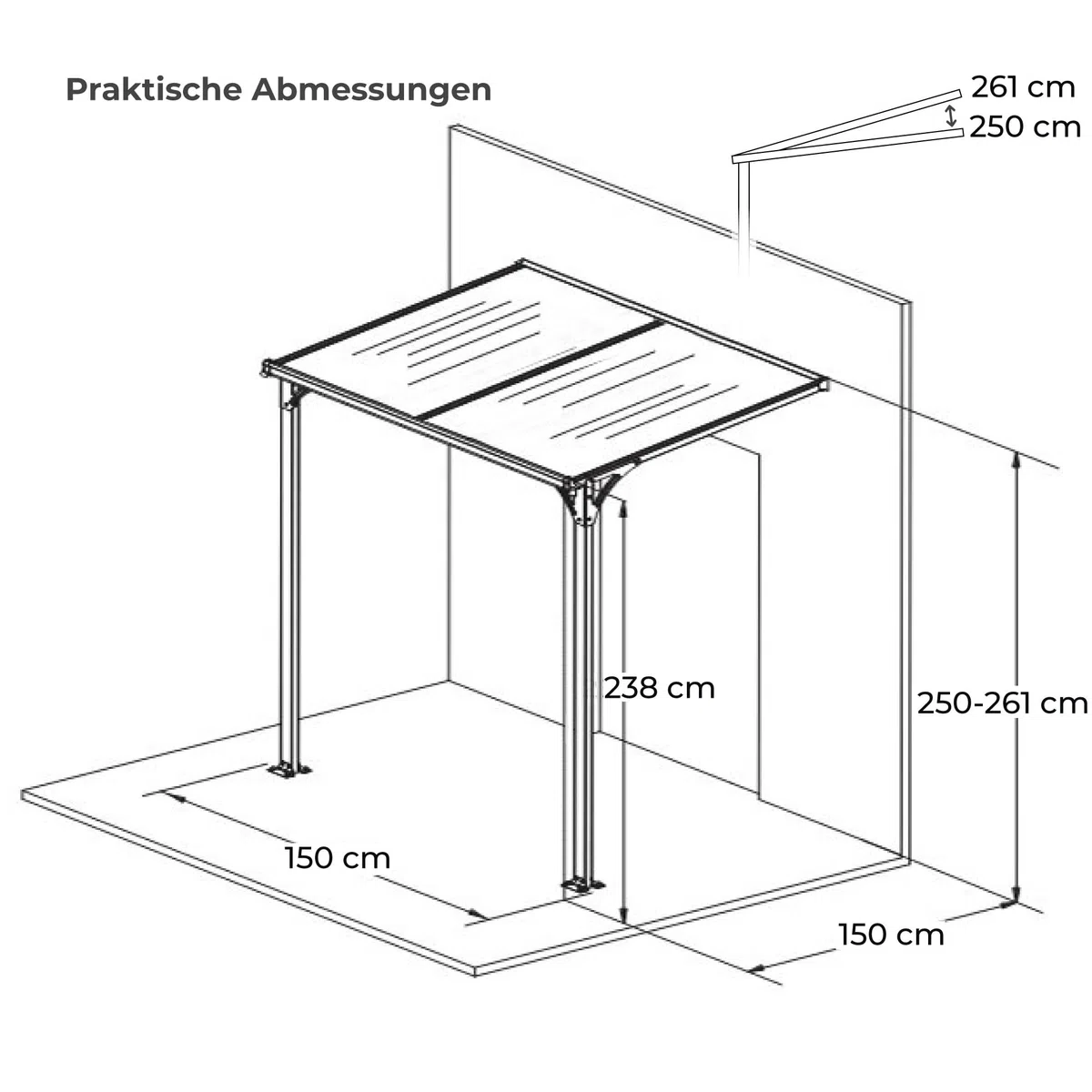 Haustürvordach Aluminium pulverbeschichtet transparentes Dach | Vordach Polycarbonat Überdachung Wasserführung 238 x 150 x 148/150 x 250/261 cm (H x B x T x H-hinten) anthrazit