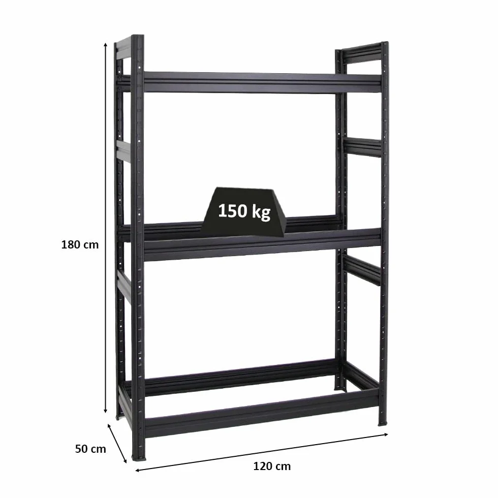 PROREGAL Reifenregal Dino | HxBxT 180x120x50 cm | Fachlast 150kg | bis zu 12 Reifen | Schwarz | Reifenständer Garagenregal Kellerregal Werkstattregal