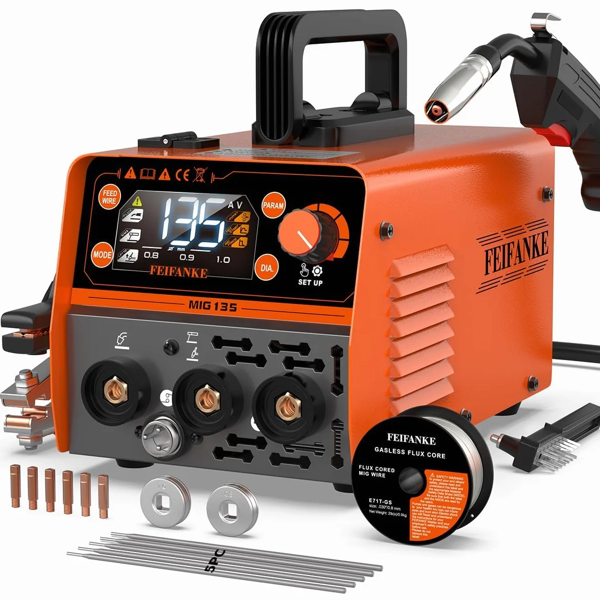 FEIFANKE MIG135 FüLldraht SchweißGeräT Ohne Gas 135A 230V Synergie Mini IGBT Inverter SchweissgeräT 3 in 1 MIG WIG Elektroden SchweißGeräT Schneller Drahtvorschub Kompatibel mit E308LFC-O Schweißdraht