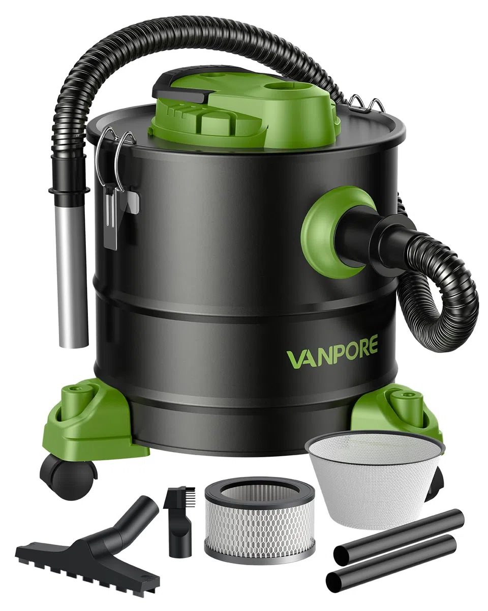 Aschesauger, 5,2 Gallonen, mit 1200 W Saugleistung, Fahrgestell, Aschesauger für Pelletöfen, Kamine, Grill, Holzofen, Feuerstellen, Grün
