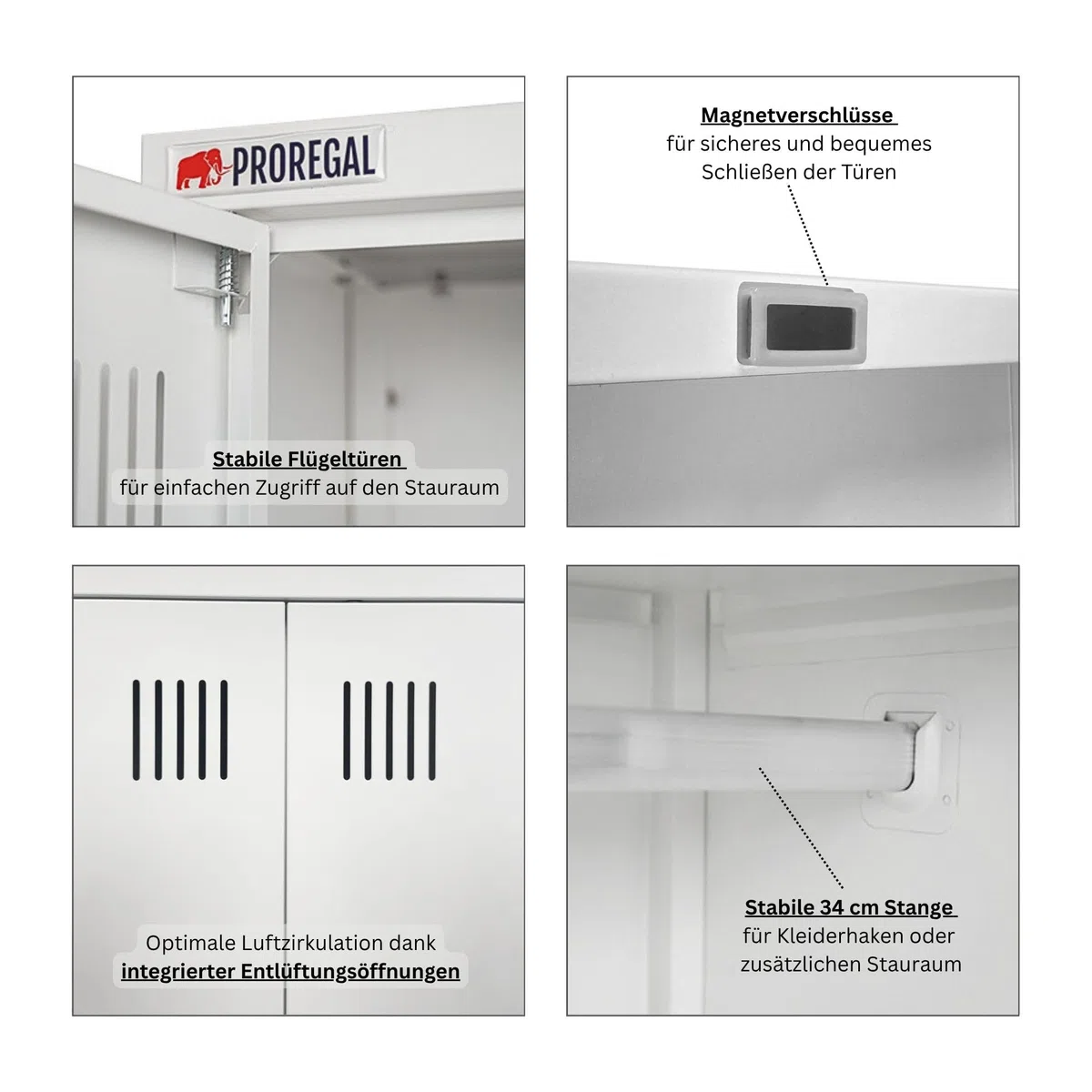 PROREGAL Putzmittelschrank Rhino Metall 2 Türen abschließbar Besenschrank schmal 170x70x30cm 5 Fächern & Kleiderstange Stahl Weiß Putzschrank Mehrzweckschrank Haushaltsschrank Flügeltürenschrank