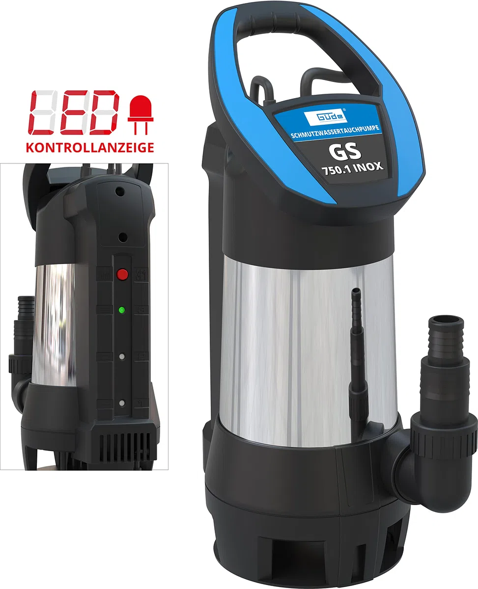 Güde 94679 Schmutzwassertauchpumpe GS 750.1 INOX (4-fach einstellbarer Sensorschalter, Edelstahlmantel, Fördervolumen 15000 l/h), Schwarz, Edelstahl, Blau