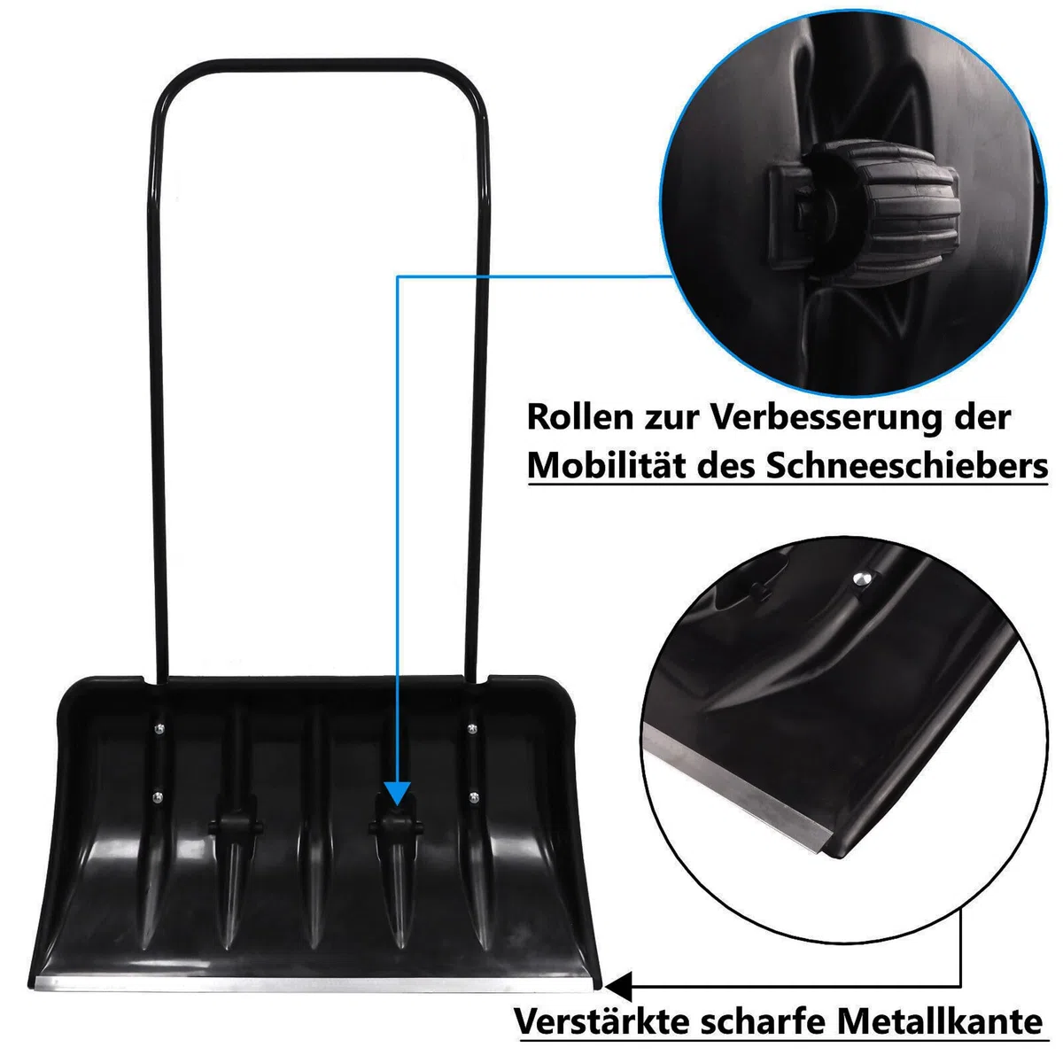 Schneeschaufel 82 cm mit Rädern und ergonomischem Griff Schneewanne mit Alu-Profilkante Metall-Stiel Kunststoff-Blatt Schneeschieber Eckig robuste Kratzschaufel Aluminiumkante