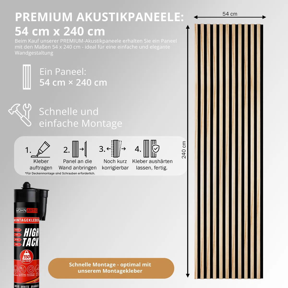wohnartig 3D Akustikpaneele (Eiche Natur, 2 Stück 240cm x 54cm)