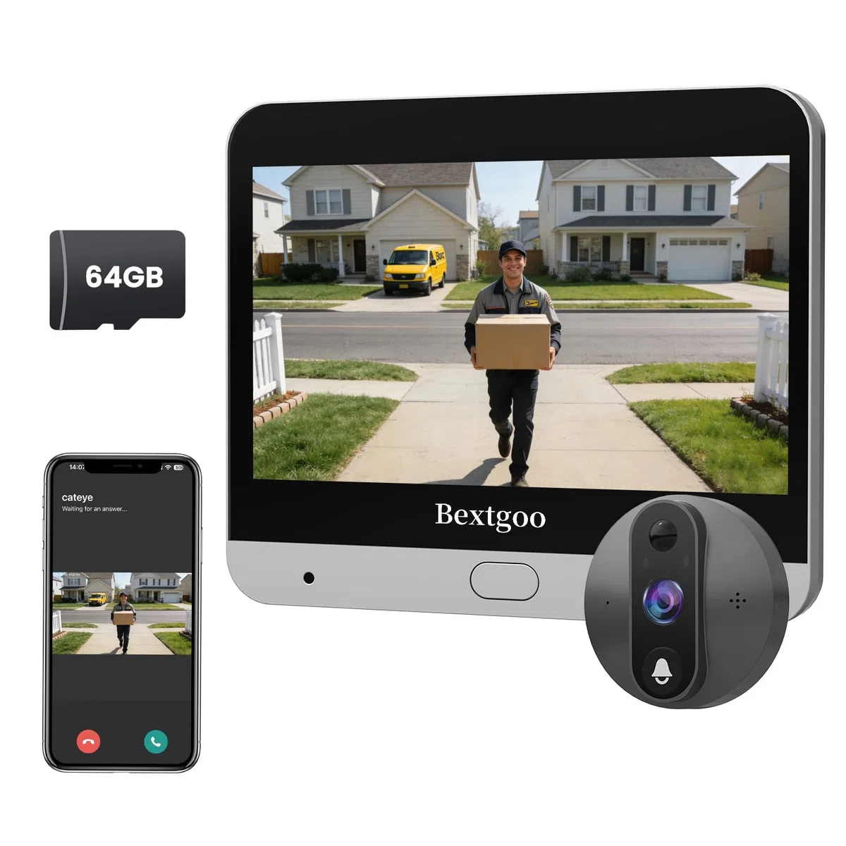Bextgoo Türspion Kamera, 2K Digitaler Türspion Kamera WLAN, 64GB SD-Karte | mit 4,3 Zoll Farbbildschirm, 8000mAh Akku, 170° Weitwinkel, AI Intelligente Erkennung, 2-Wege-Videoanruf, für Wohnung, Haus