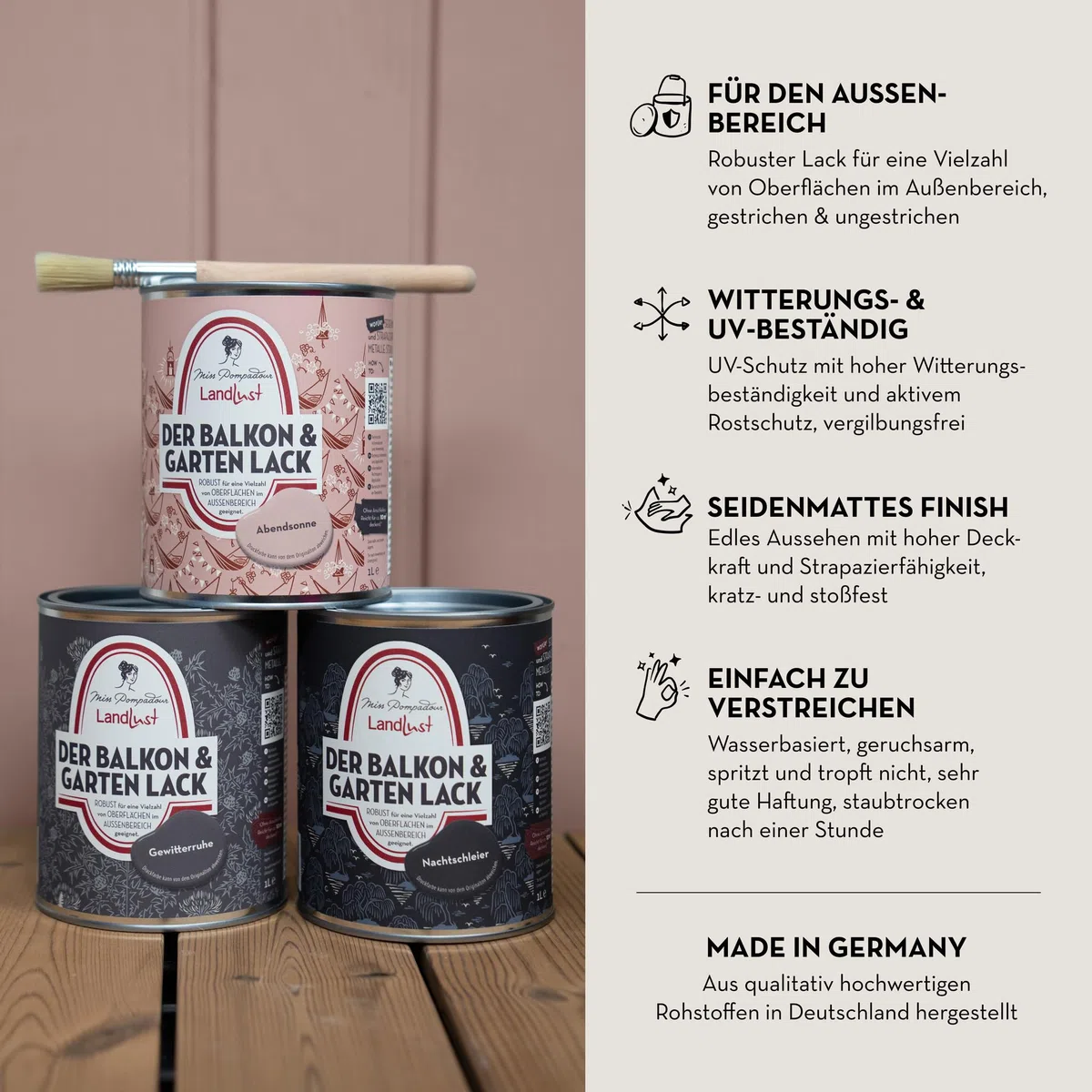 MissPompadour seidenmatter Holzlack außen & wetterfest 1L, Wiesenduft Grün, geruchsarme Möbelfarbe für Holz, Metall & Kunststoff mit UV-Schutz, wasserbasierte Holzfarbe