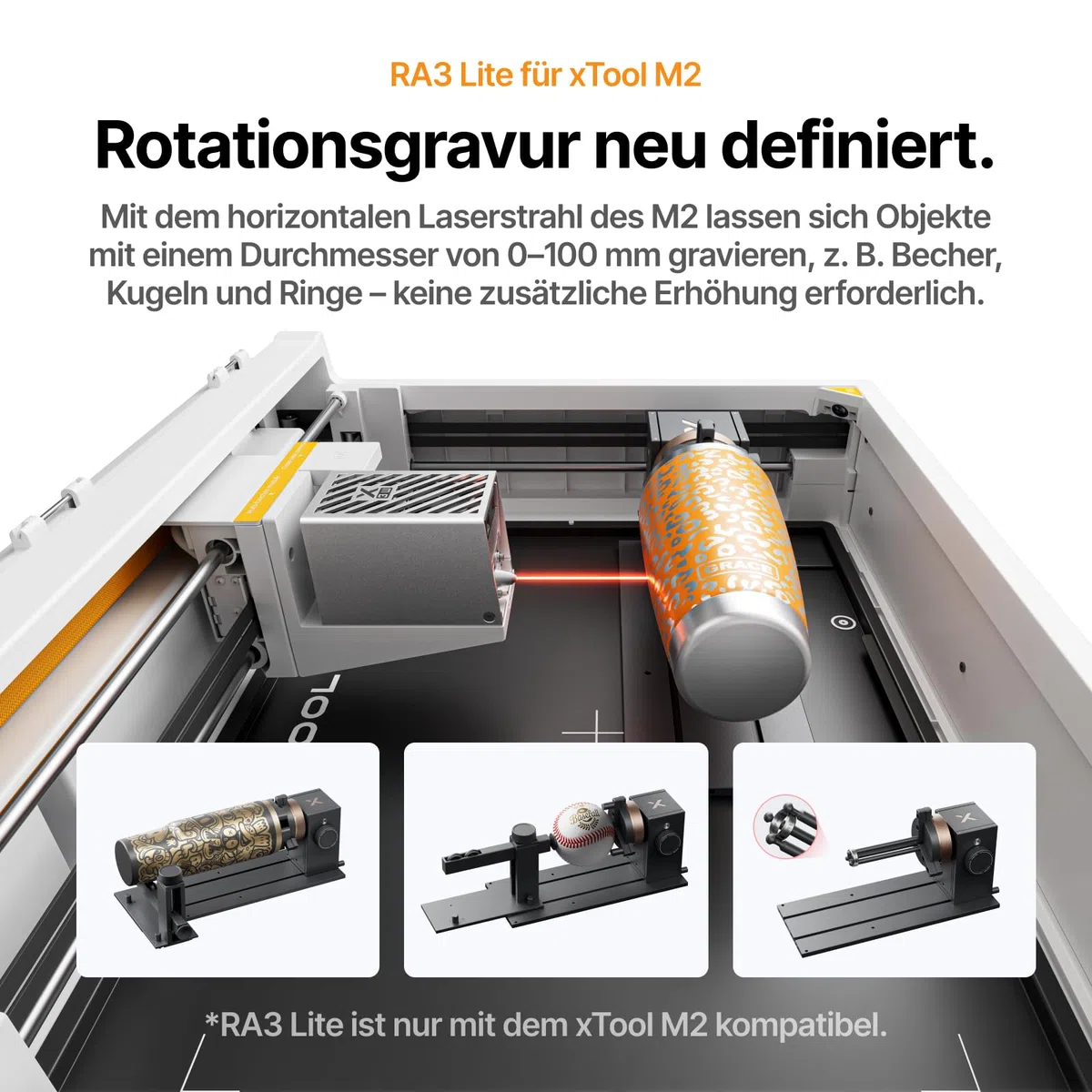 xTool RA3 Lite für xTool M2, Multifunktionales Rotationsmodul, Intelligente Rotationsgravur für Ringe, Thermobecher & Ornamente