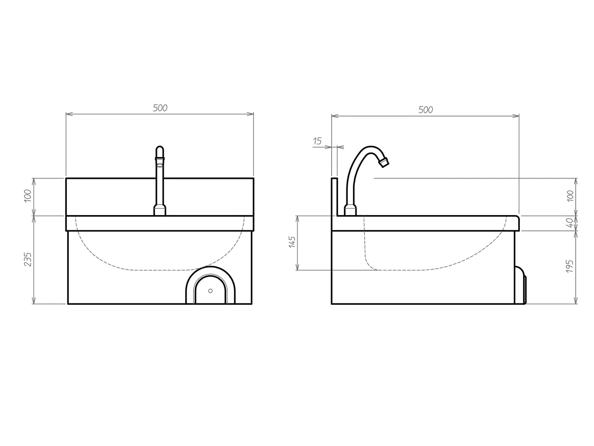 Handwaschbecken 0076 aus Edelstahl mit Kniebedienung und zeitgesteuertem Wasserfluss