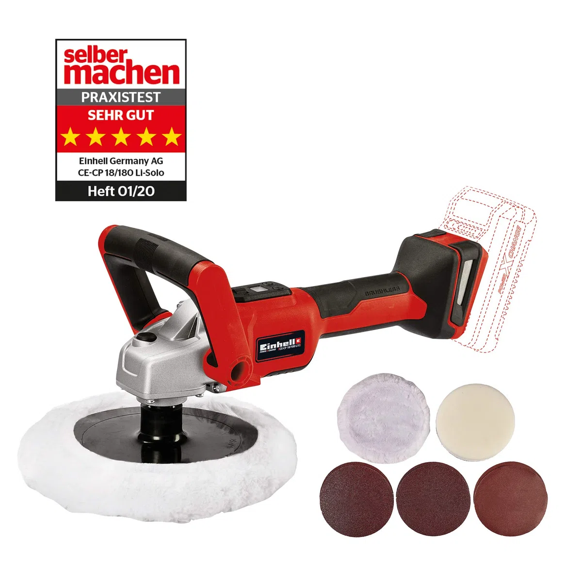 Einhell Akku-Polier-/Schleifmaschine CE-CP 18/180 Li E Power X-Change (Li-Ion, 18 V, Ø180 mm Polierteller, bürstenloser Motor, elektrische Drehzahlregulierung, inkl. 2,5 Ah Akku und Ladegerät)