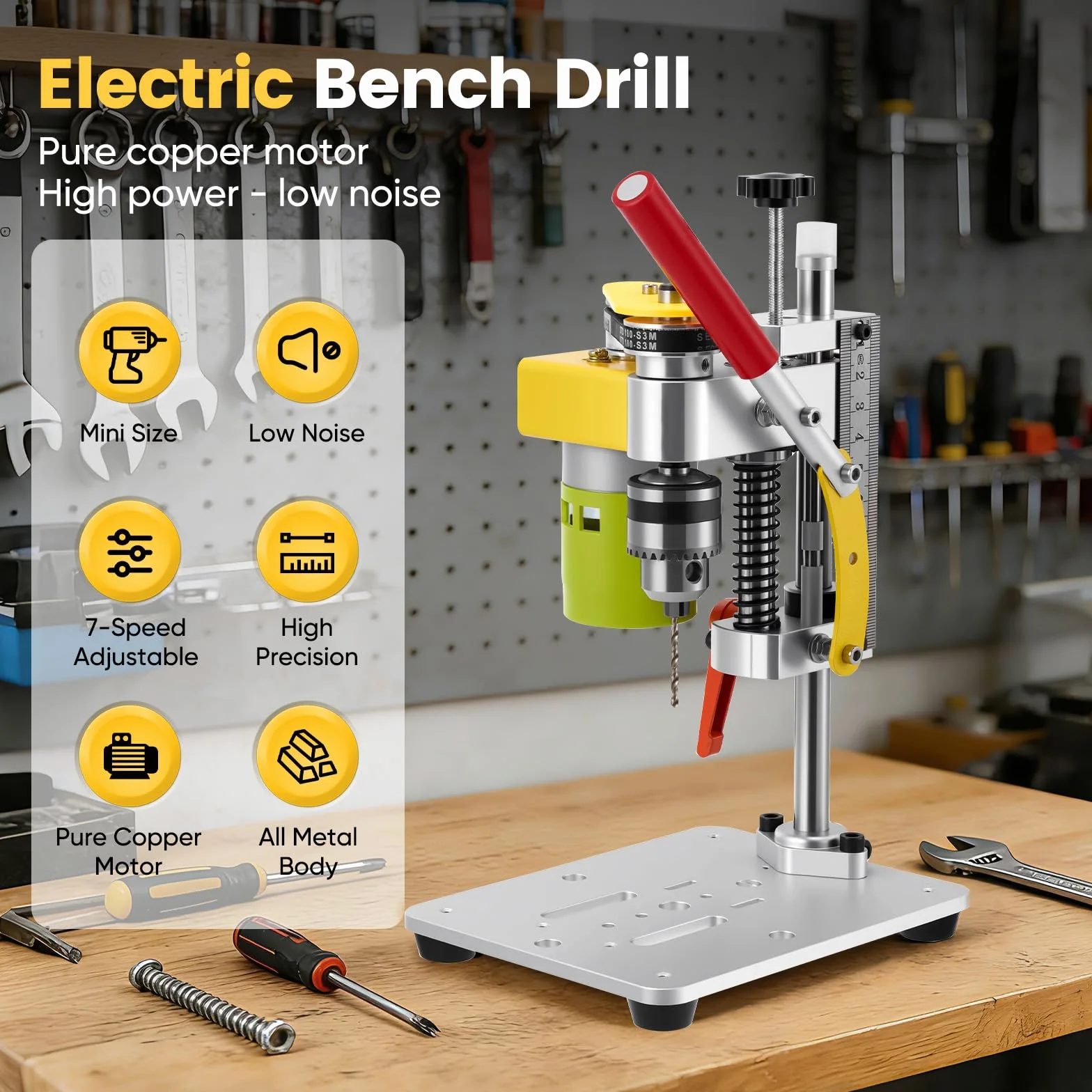 Standbohrmaschine, 4500-9000Rpm Miniatur Tischbohrmaschine mit 7 Geschwindigkeiten, Mini Tischbohrmaschine für DIY Holz, Metall und Kunststoff Electric Drill Press