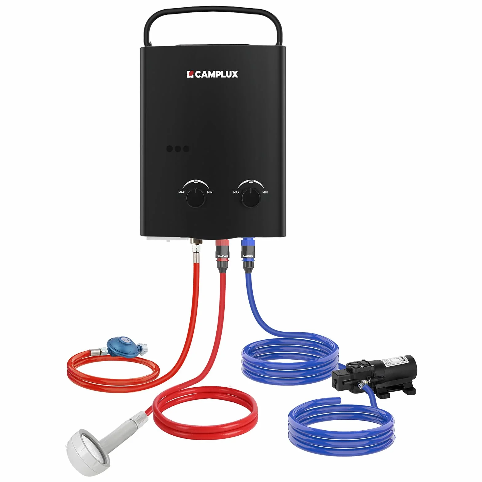 CAMPLUX AY132BP43-DE 5 Liter Gasdurchlauferhitzer mit 4,3L Wasserpumpe, Tankloser LPG Wassererhitzer mit Klappbarem Griff, für Camping Dusche/RV Reise/Waschen Pferd, Schwarz, 50mbar
