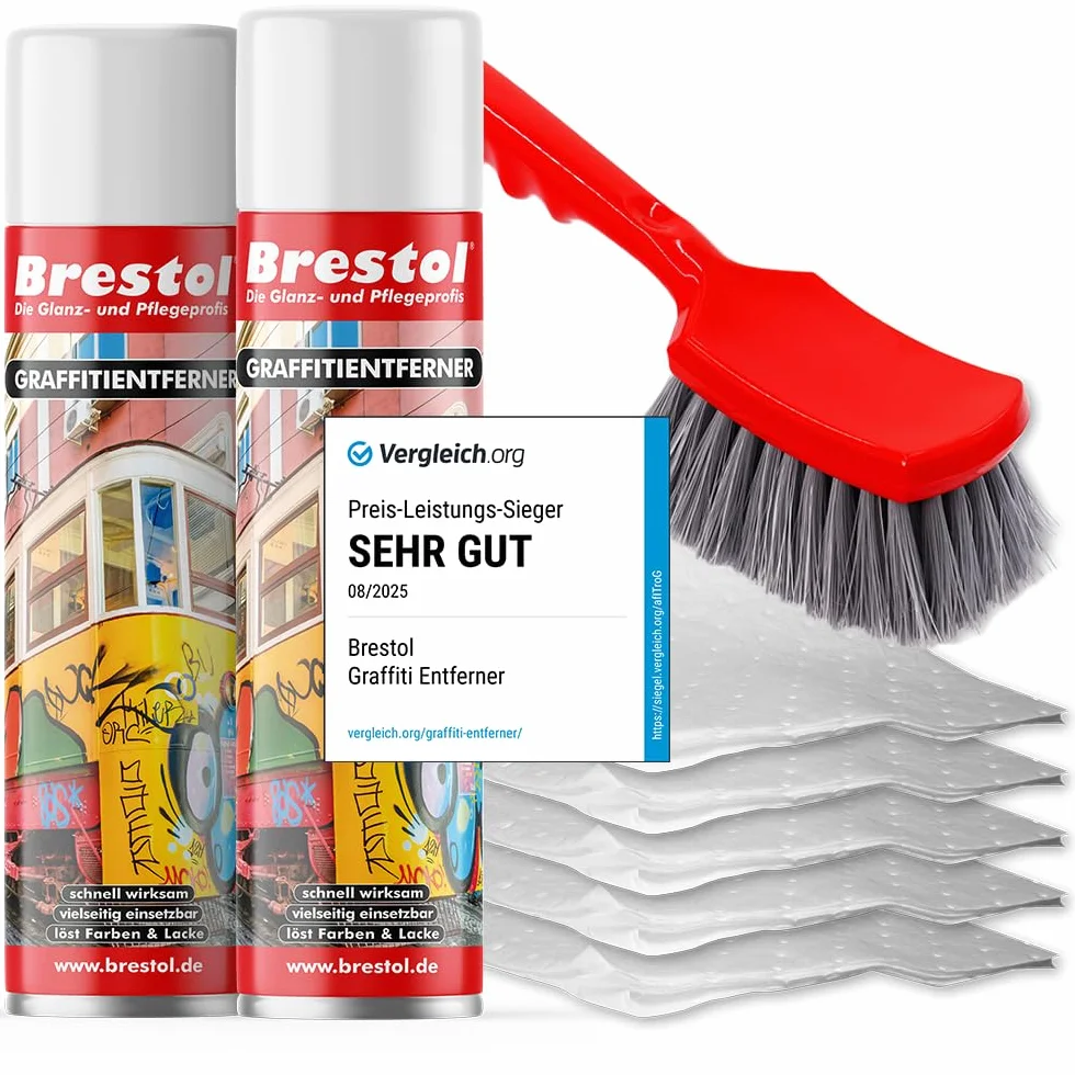 BRESTOL® GRAFFITI ENTFERNER 2x 400 ml Spray SET - inkl. Chemikalienbindevlies & Bürste - Graffitilöser Farbabbeizer Farblöser Farbentferner Lackentferner Lacklöser Lasurlöser Abbeizmittel Abbeizer